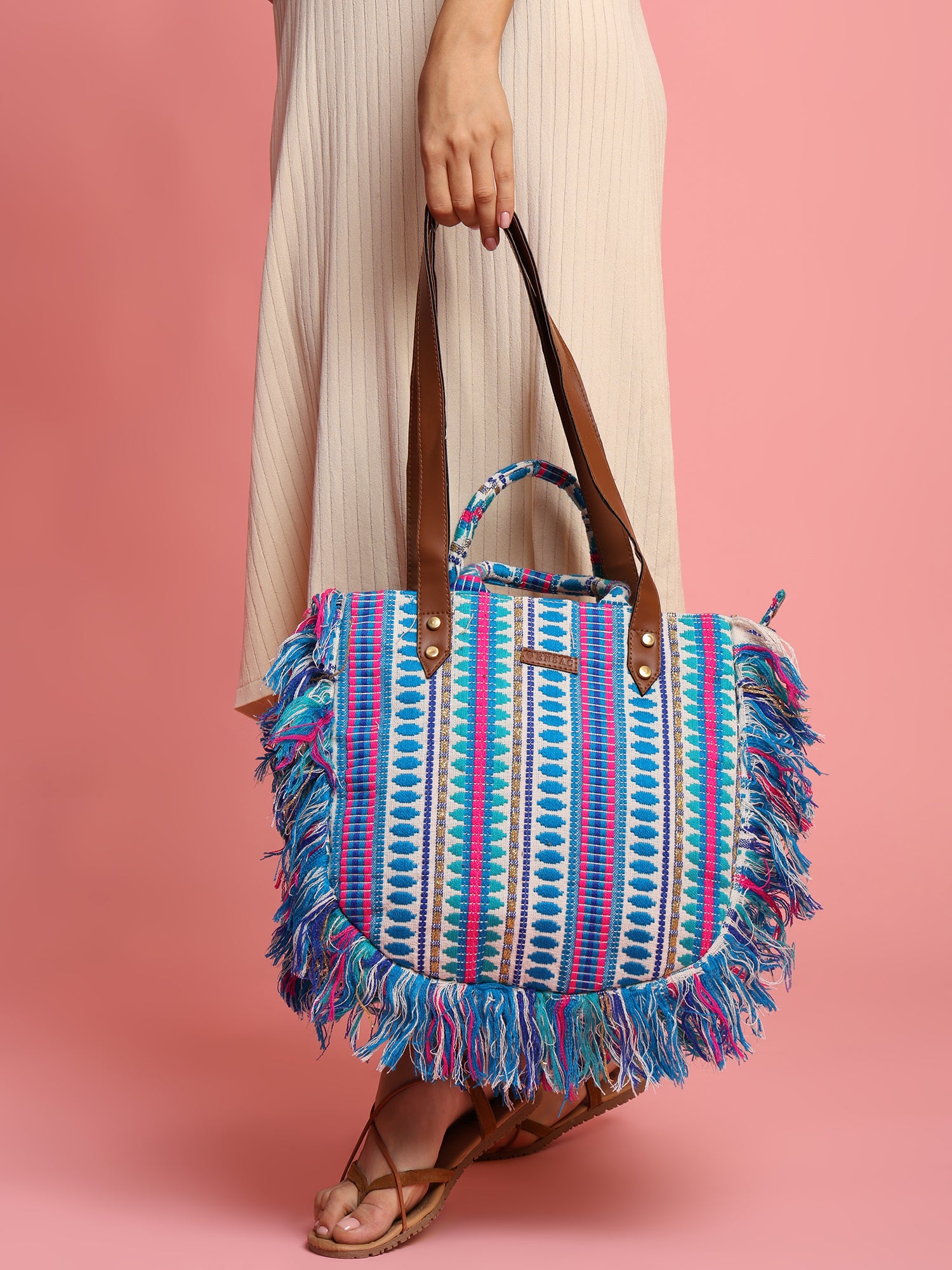 ENSAC cotton Boho Ruffle Style Lightblue Tote bag for women & girls