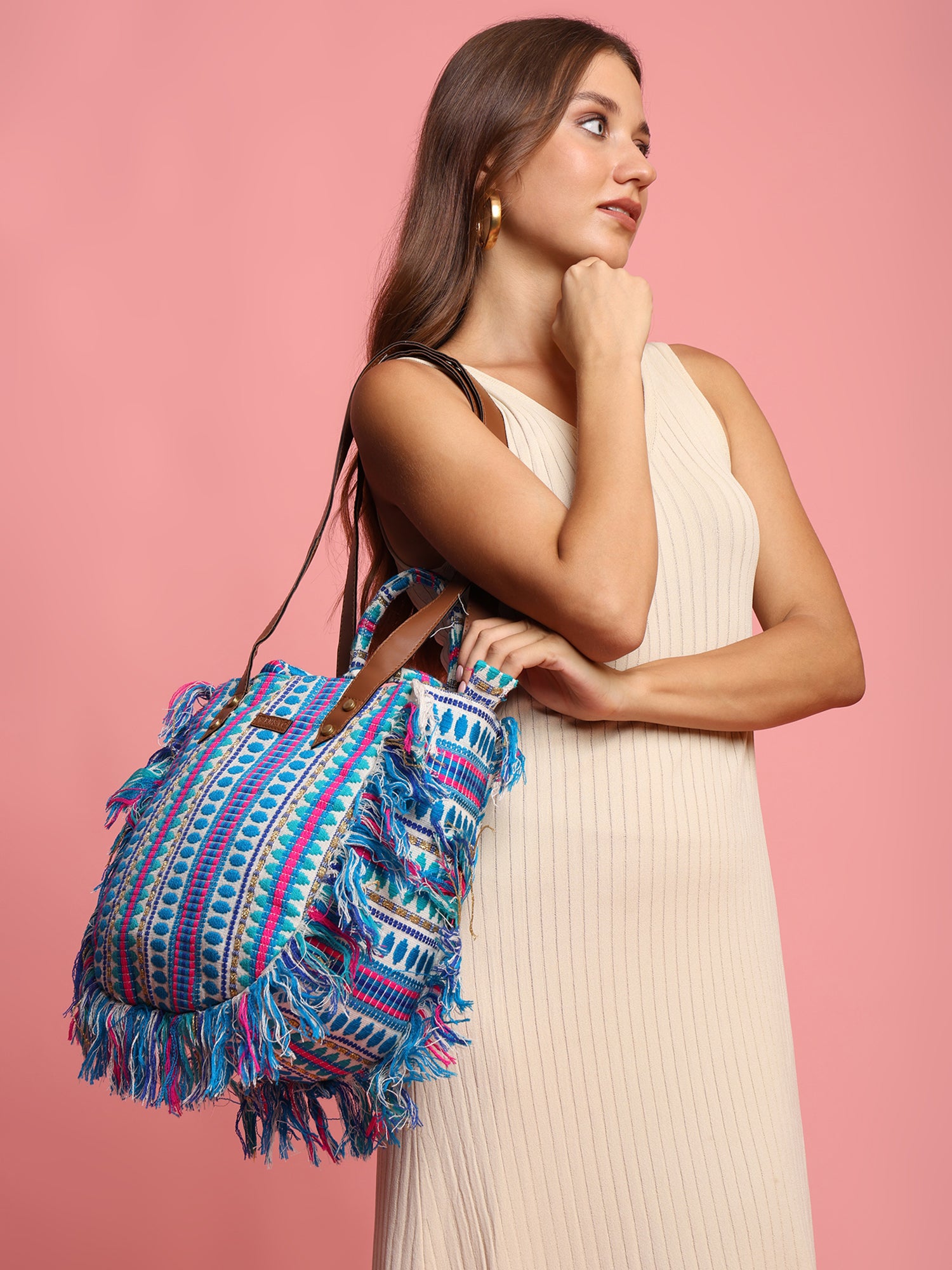 ENSAC cotton Boho Ruffle Style Lightblue Tote bag for women & girls