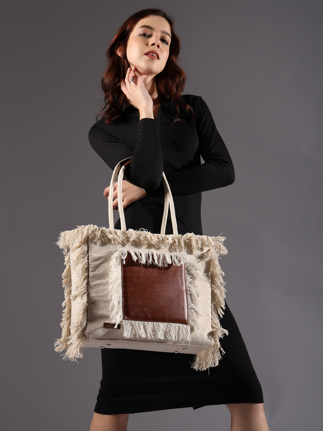 ENSAC Cotton Canvas Off White & Brown Tote bag for women & Girls
