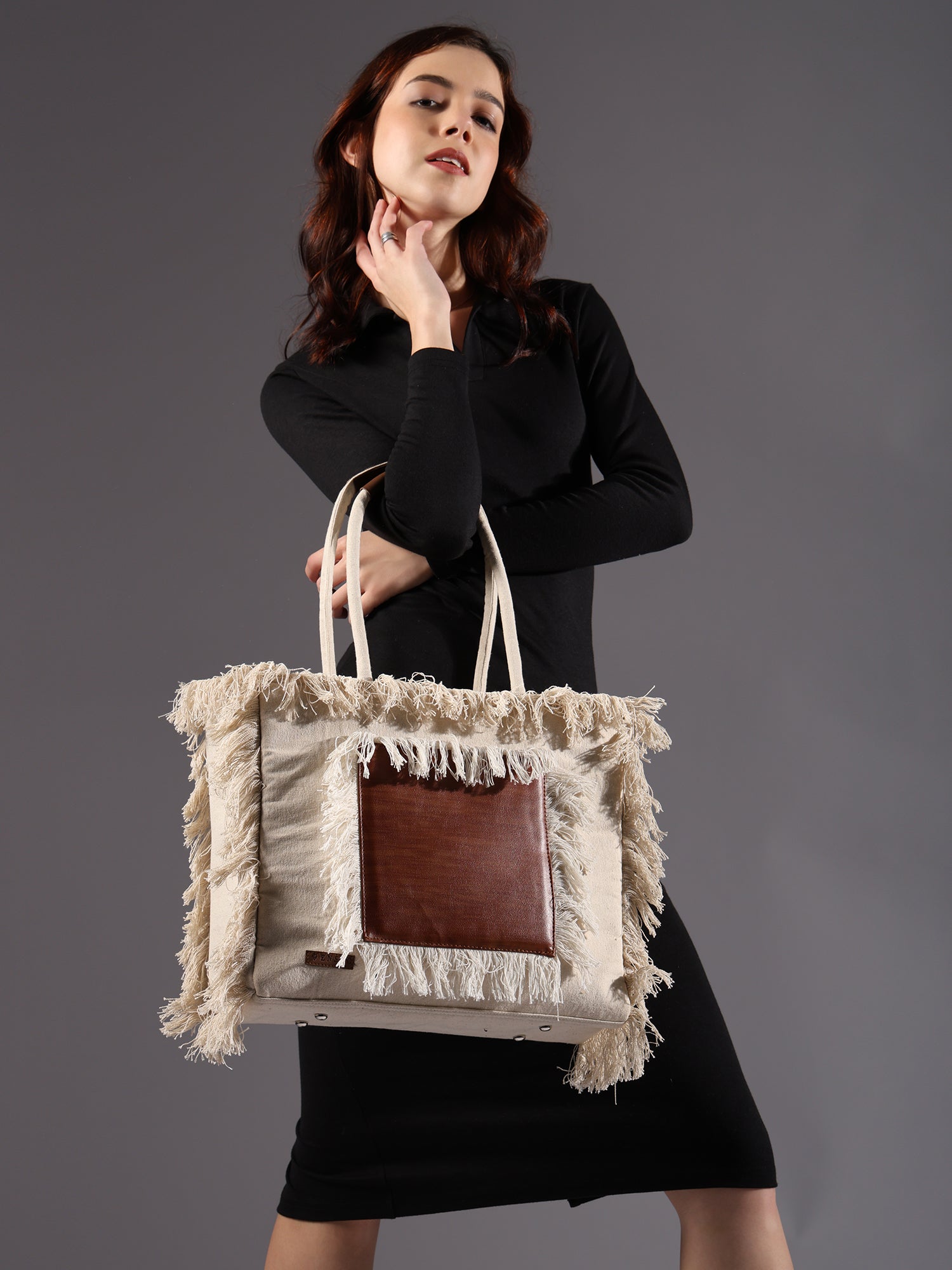 ENSAC Cotton Canvas Off White & Brown Tote bag for women & Girls