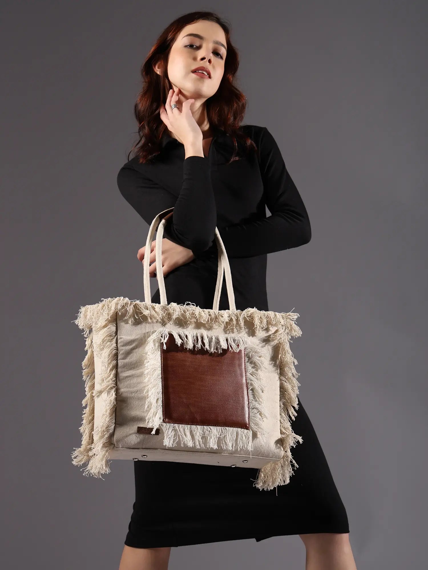 ENSAC Women Off White & Brown Bag Tote Bag