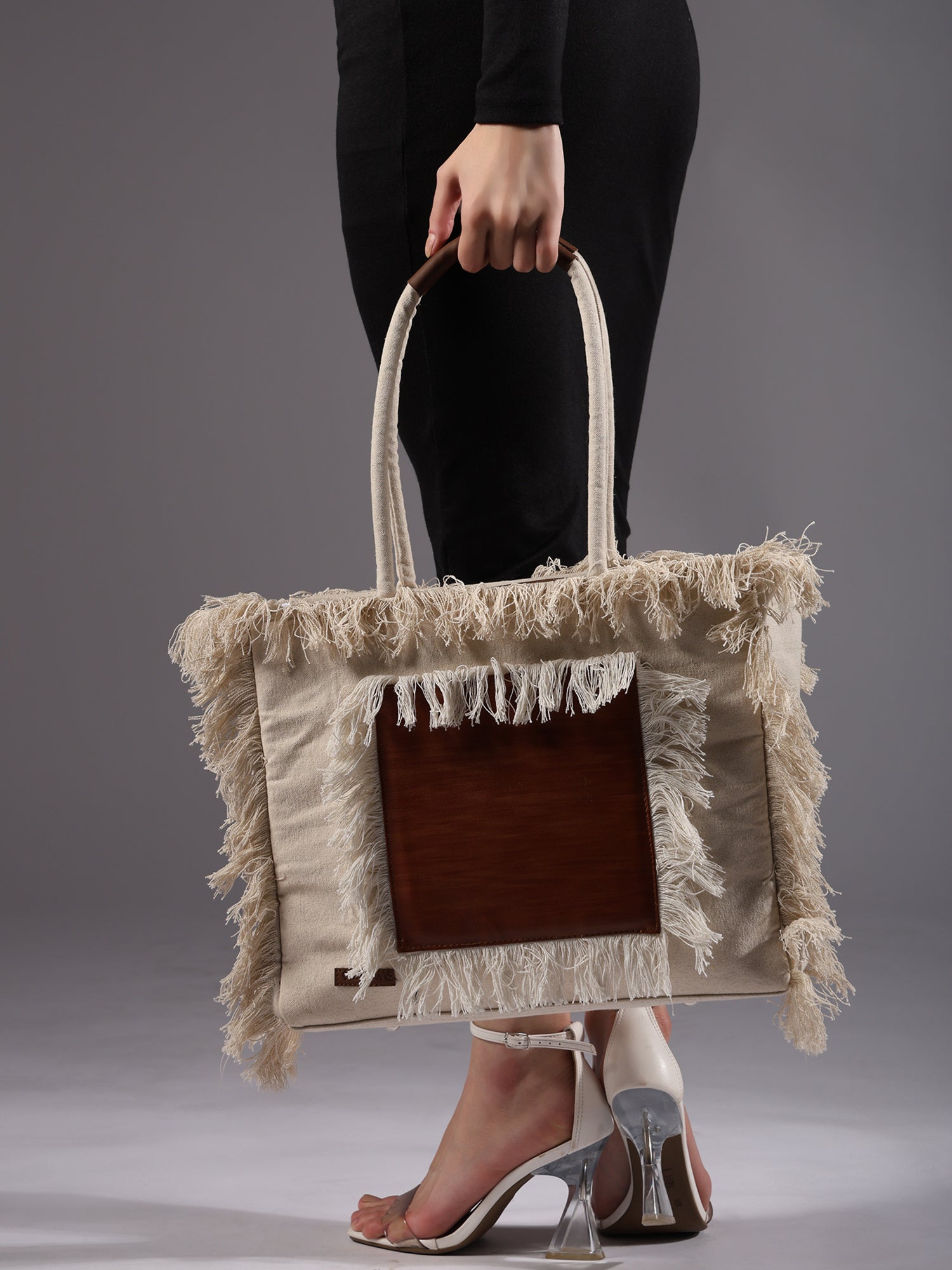 ENSAC Cotton Canvas Off White & Brown Tote bag for women & Girls