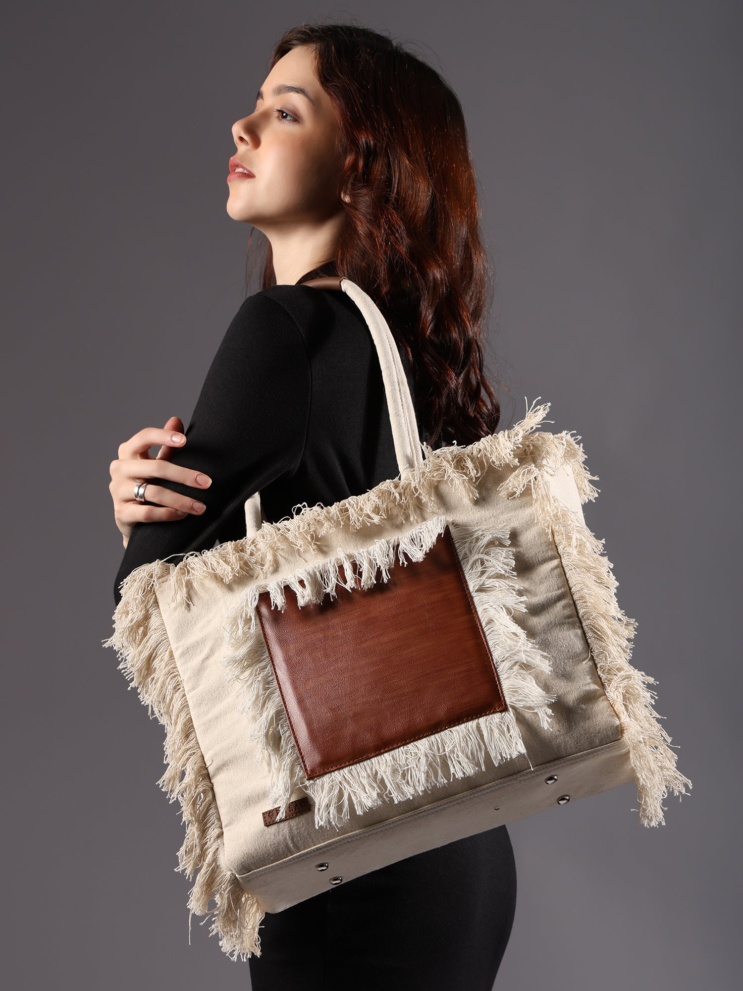 ENSAC Cotton Canvas Off White & Brown Tote bag for women & Girls