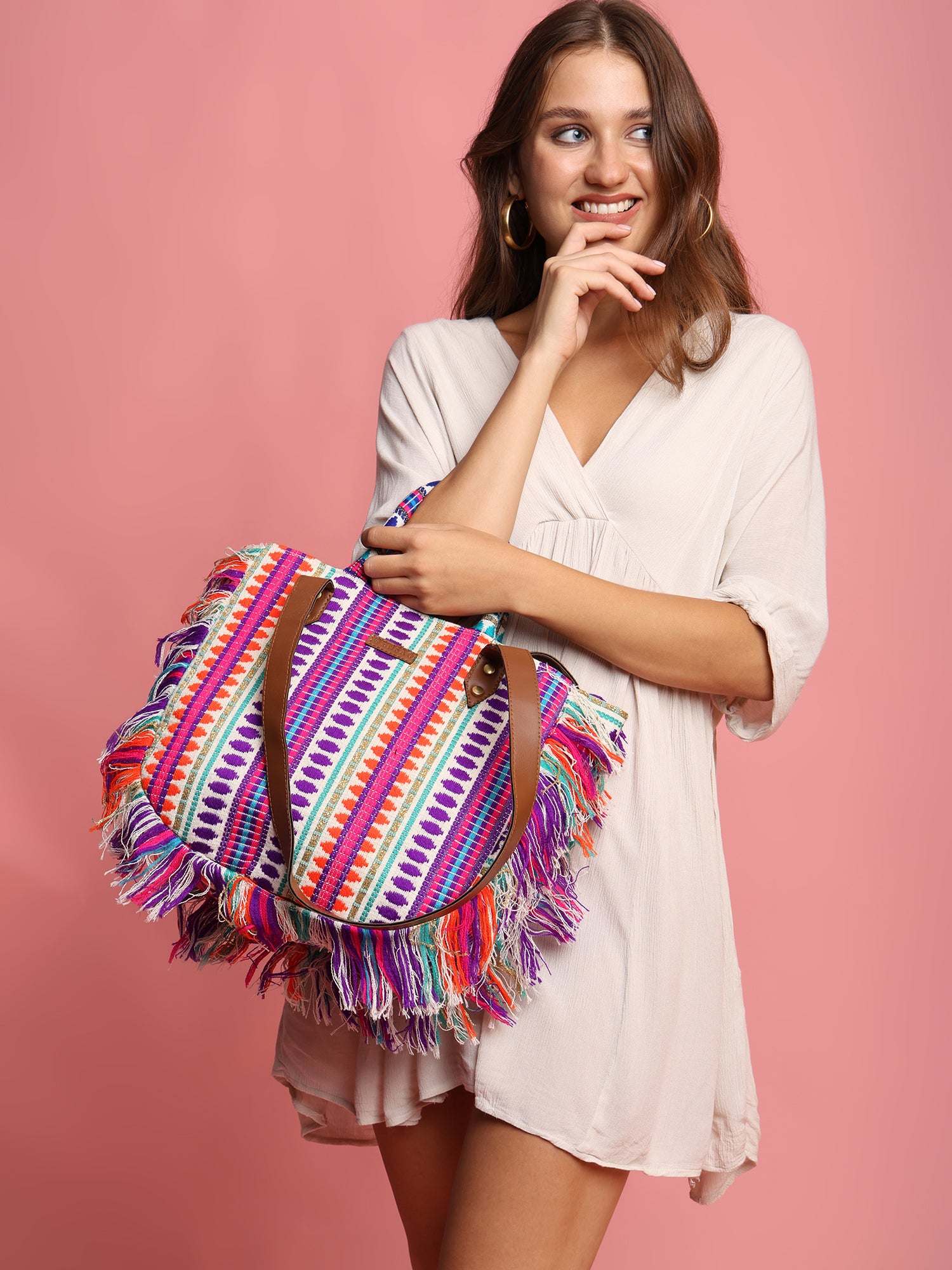 ENSAC cotton Boho Ruffle Style Purple Tote bag for women & girls (Copy)