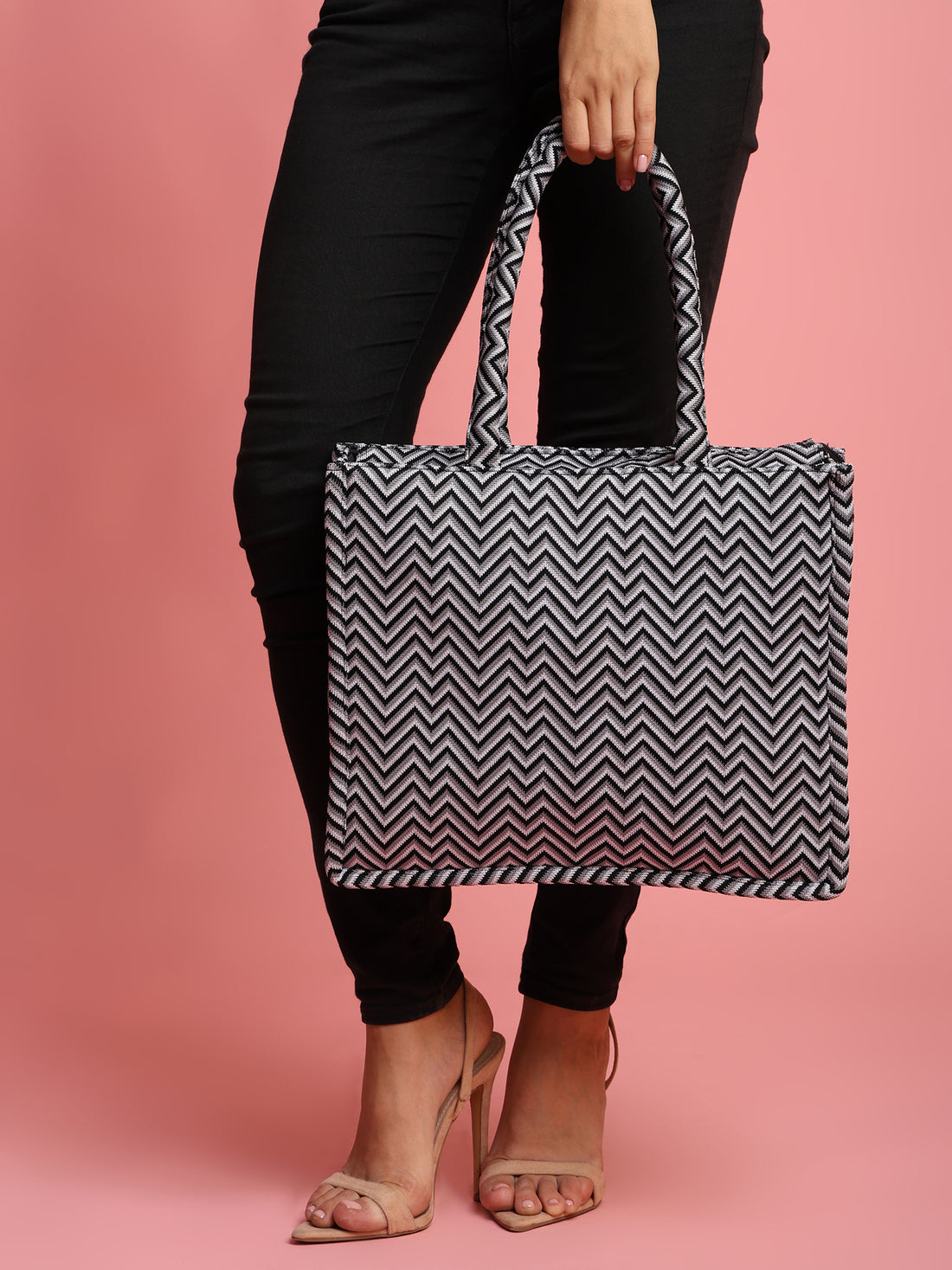 Ensac Women’s & Girls Jacquard Bag | Jacquard Pattern, Lightweight & Modern Design TOTE-BIG-ZIGZAG-BLK