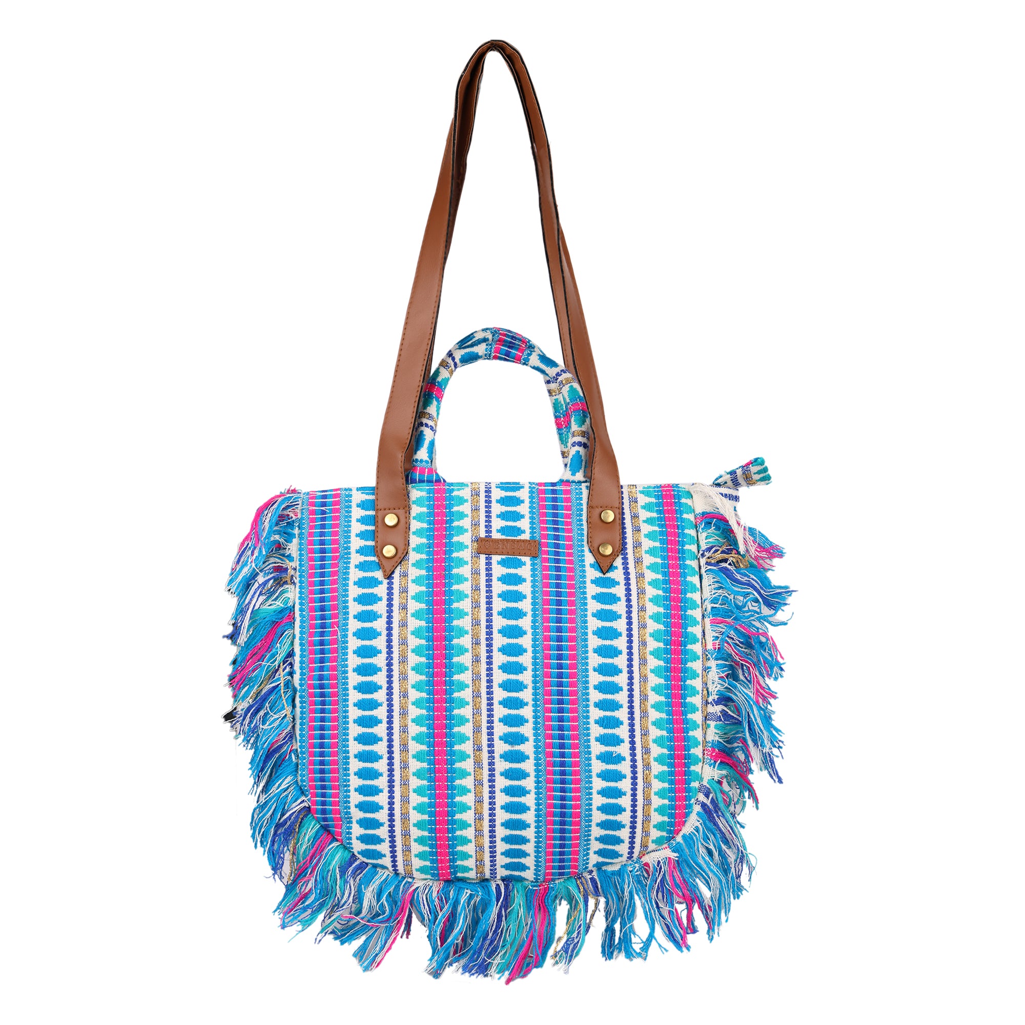ENSAC cotton Boho Ruffle Style Lightblue Tote bag for women & girls