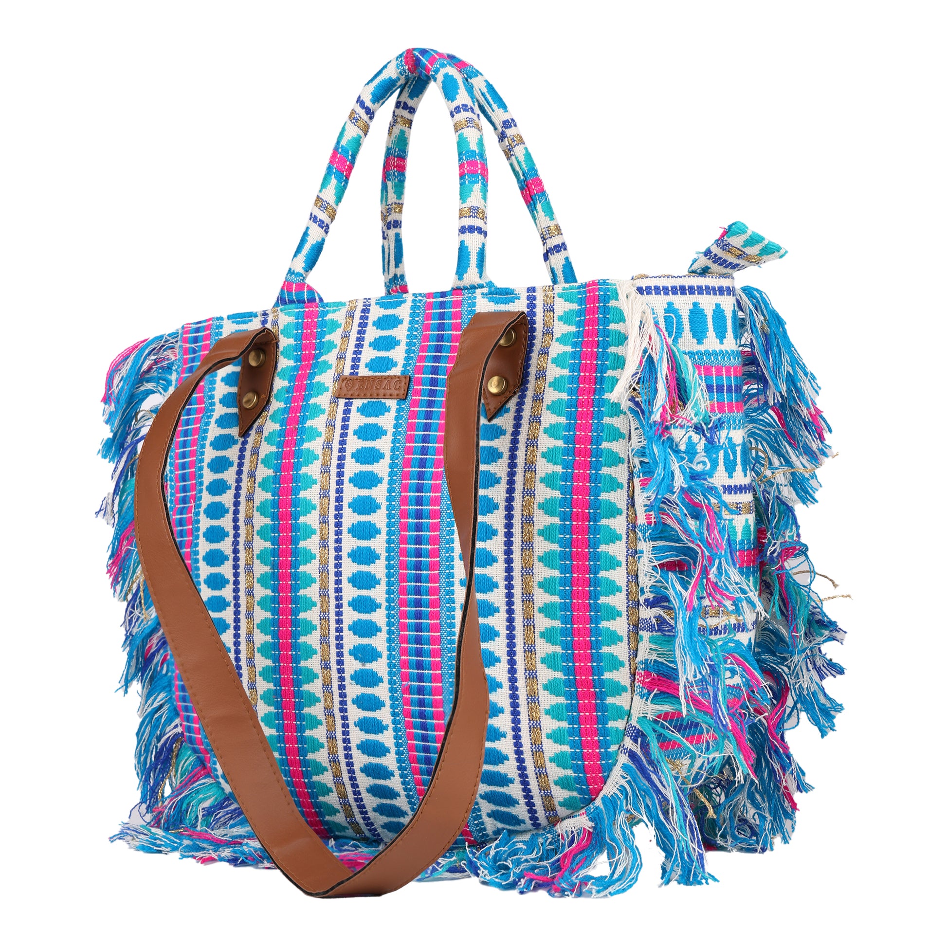 ENSAC cotton Boho Ruffle Style Lightblue Tote bag for women & girls