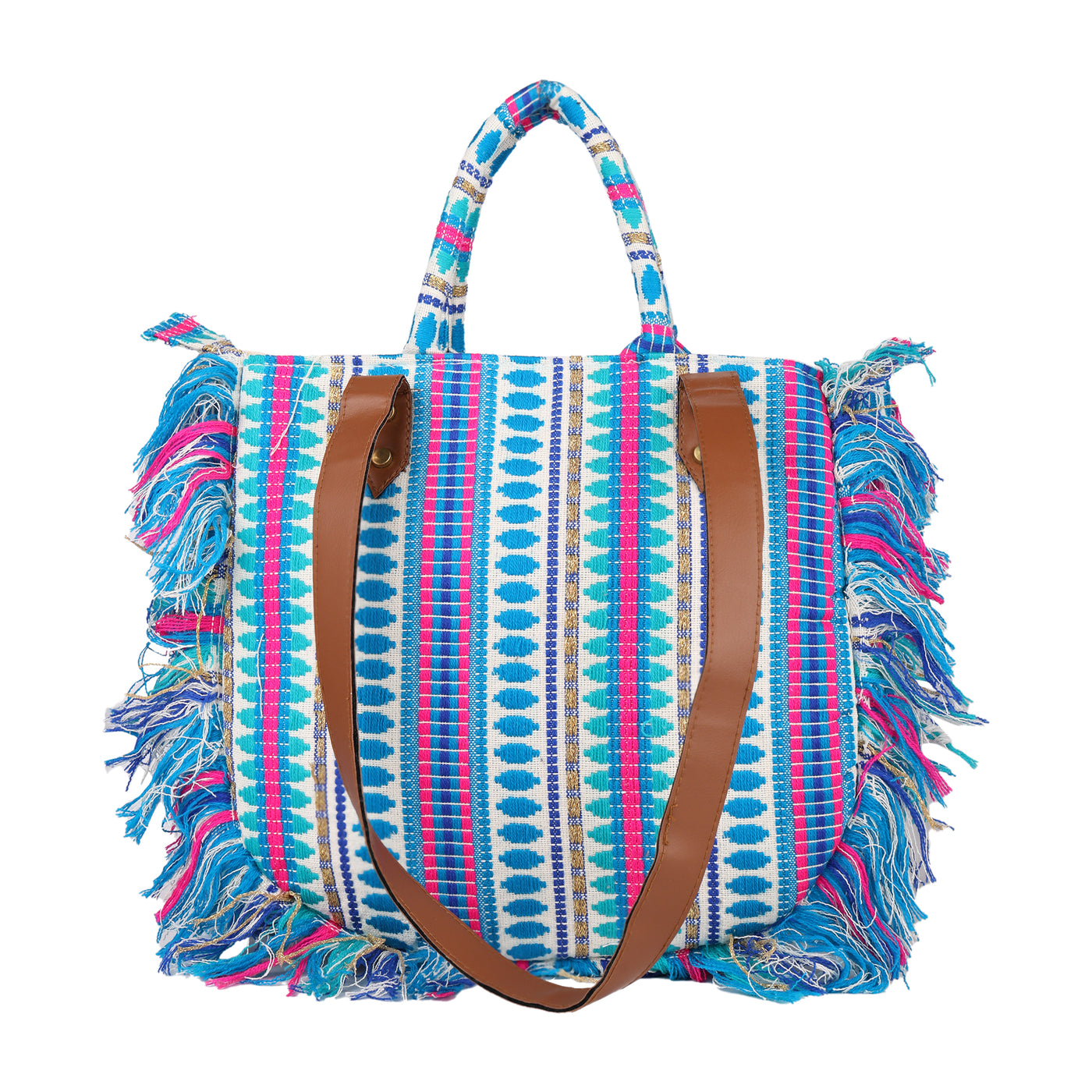 ENSAC cotton Boho Ruffle Style Lightblue Tote bag for women & girls