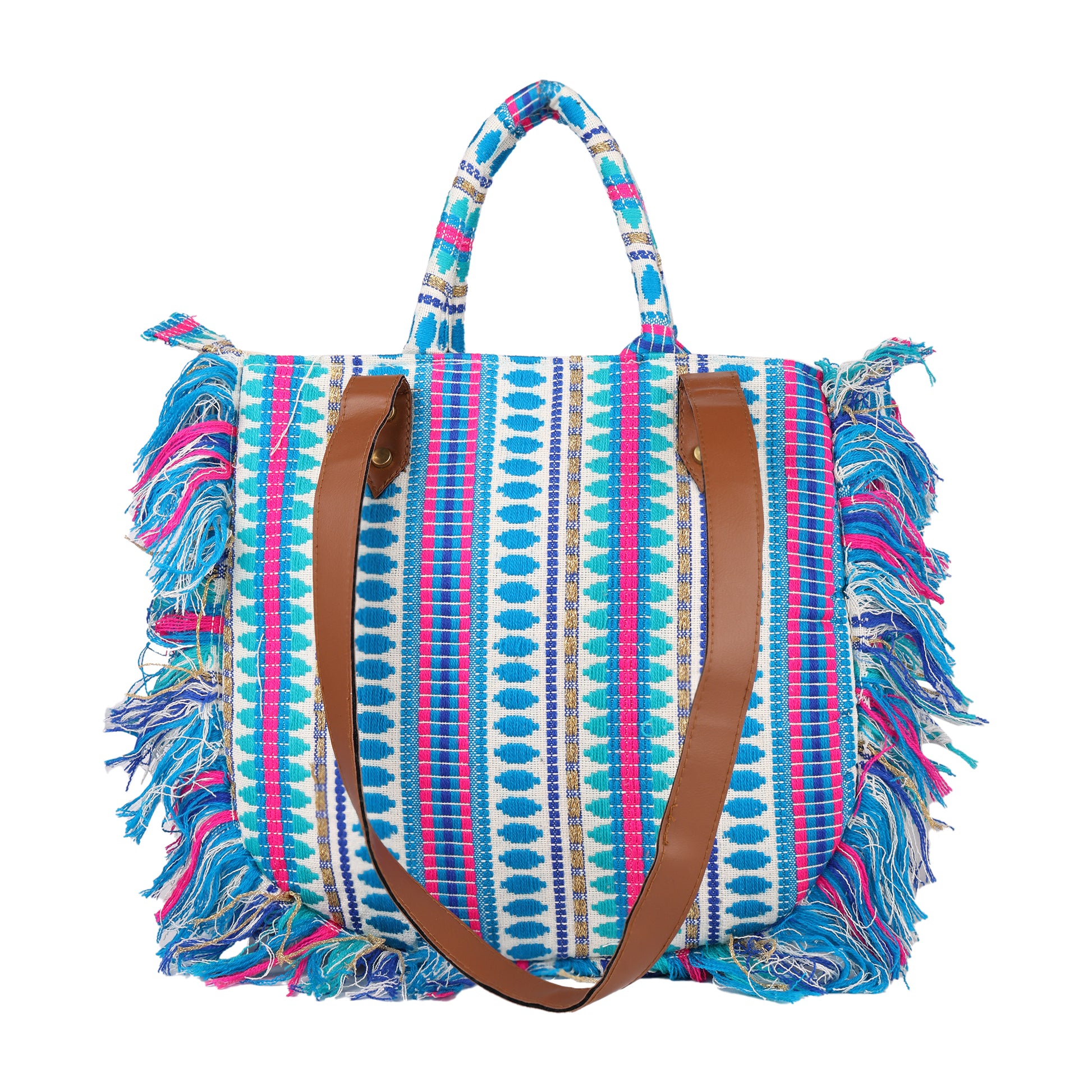 ENSAC cotton Boho Ruffle Style Lightblue Tote bag for women & girls
