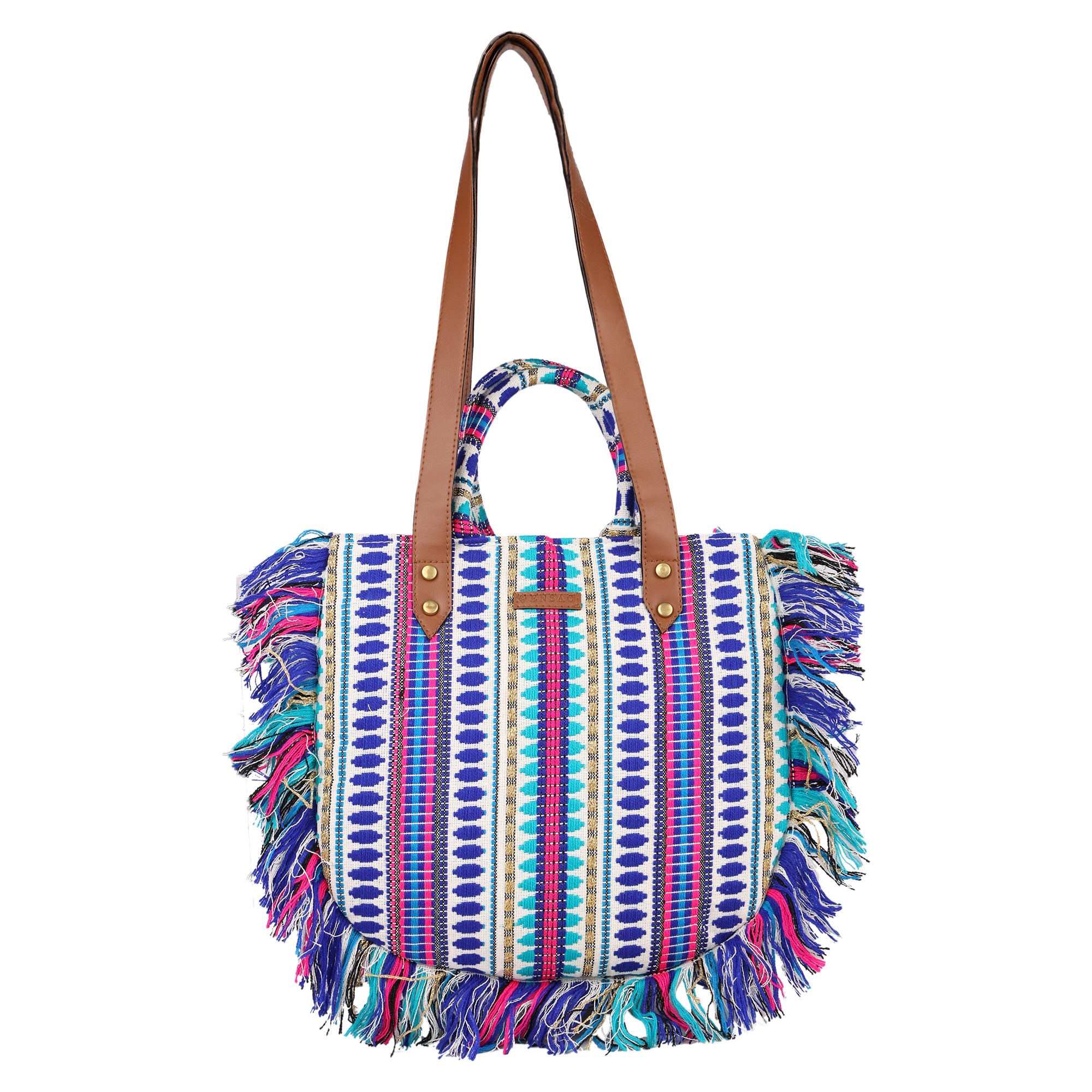 ENSAC cotton Boho Ruffle Style Blue Tote bag for women & girls