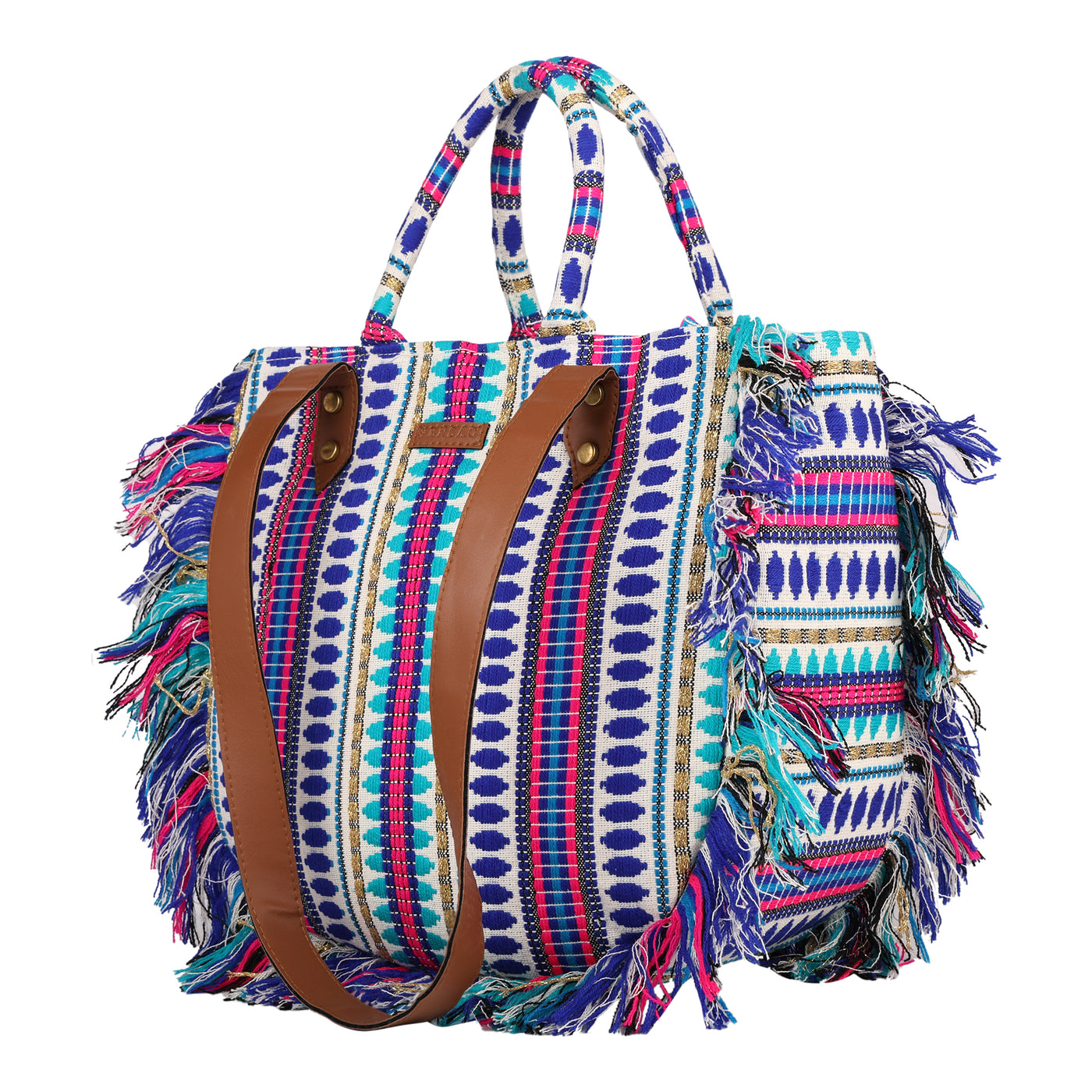 ENSAC cotton Boho Ruffle Style Blue Tote bag for women & girls