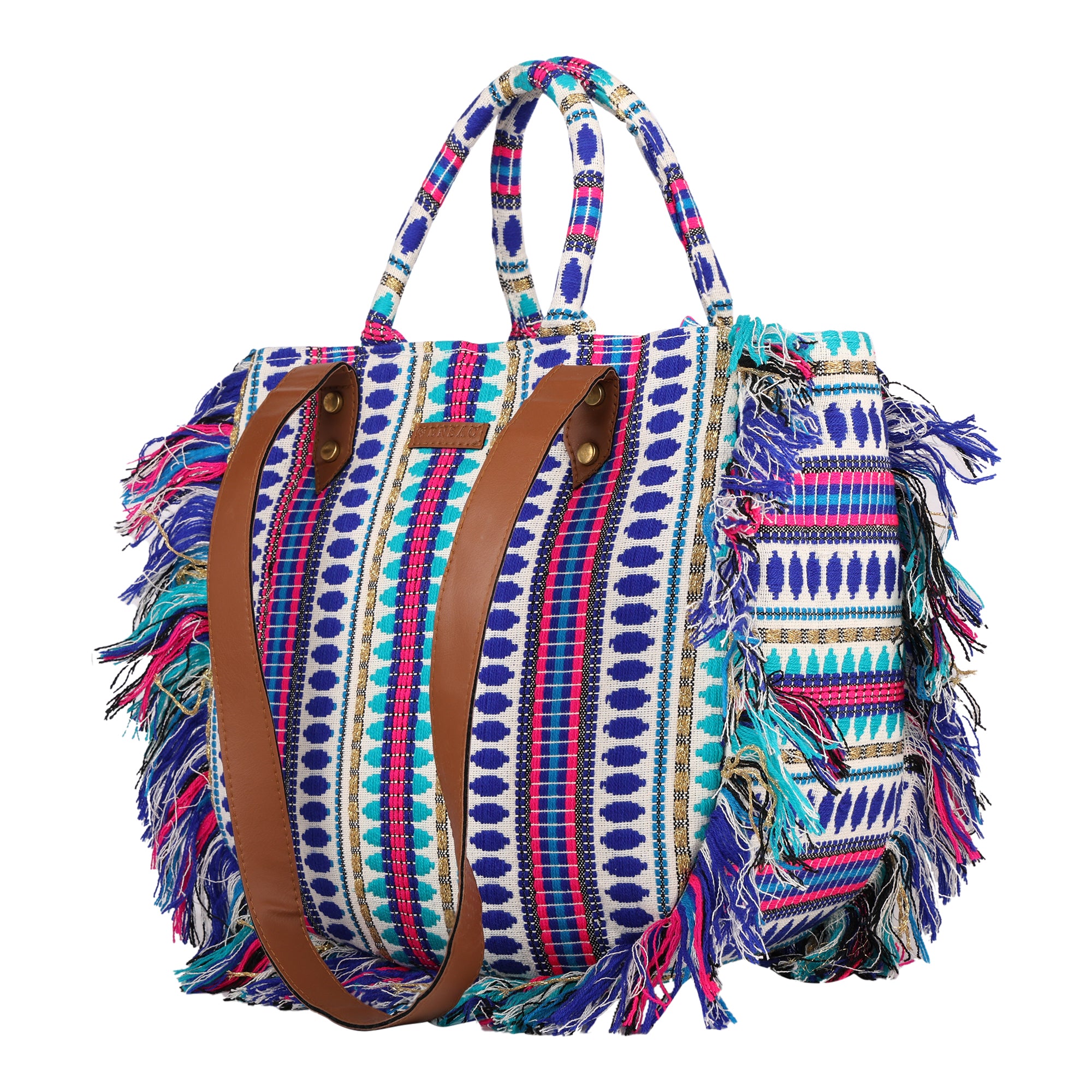 ENSAC cotton Boho Ruffle Style Blue Tote bag for women & girls