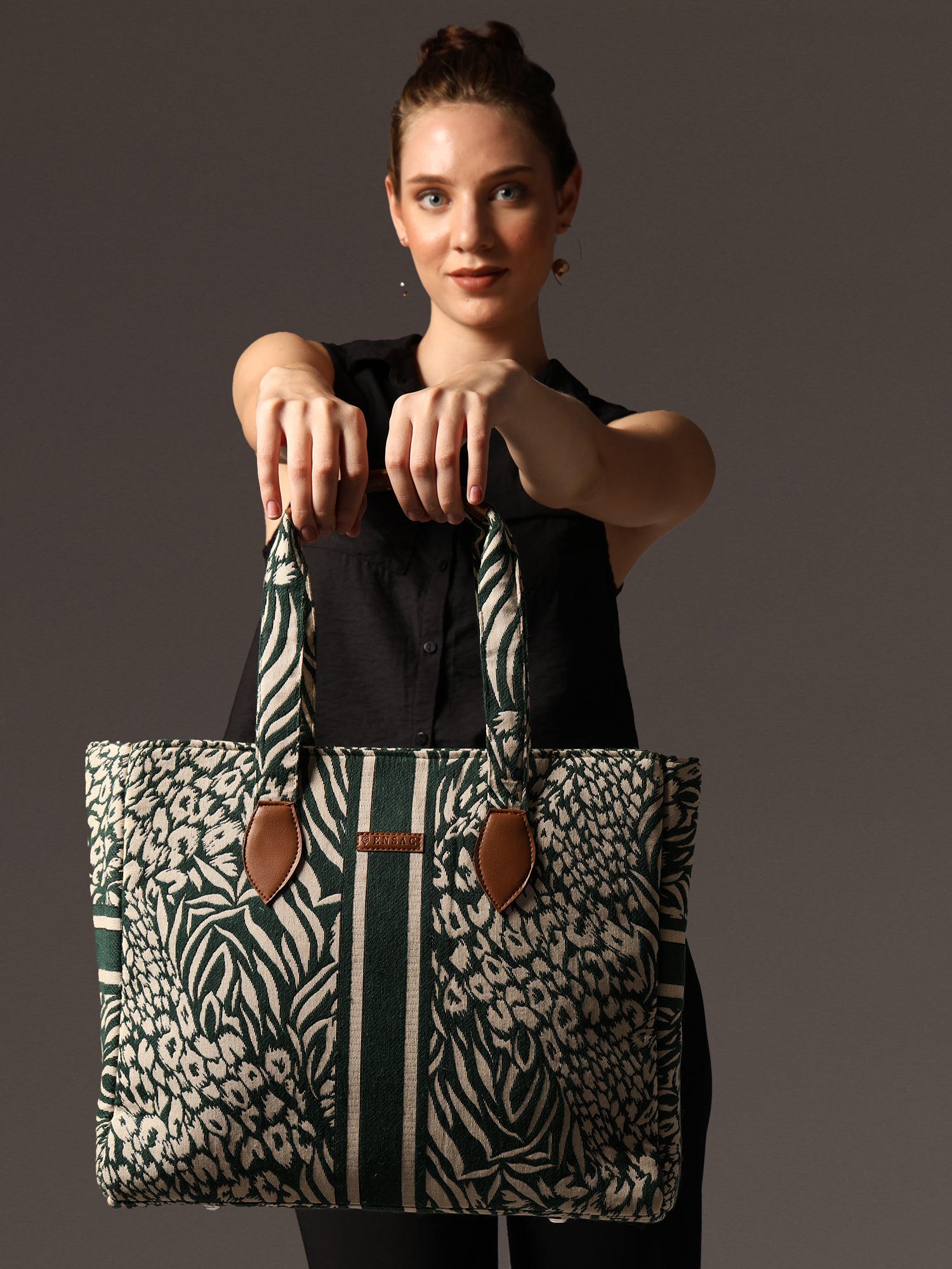 Ensac Elegant Tote Bag for Women | Elegant Ethnic Style, Spacious & Lightweight-TOTE-FOREVER-GREEN-1