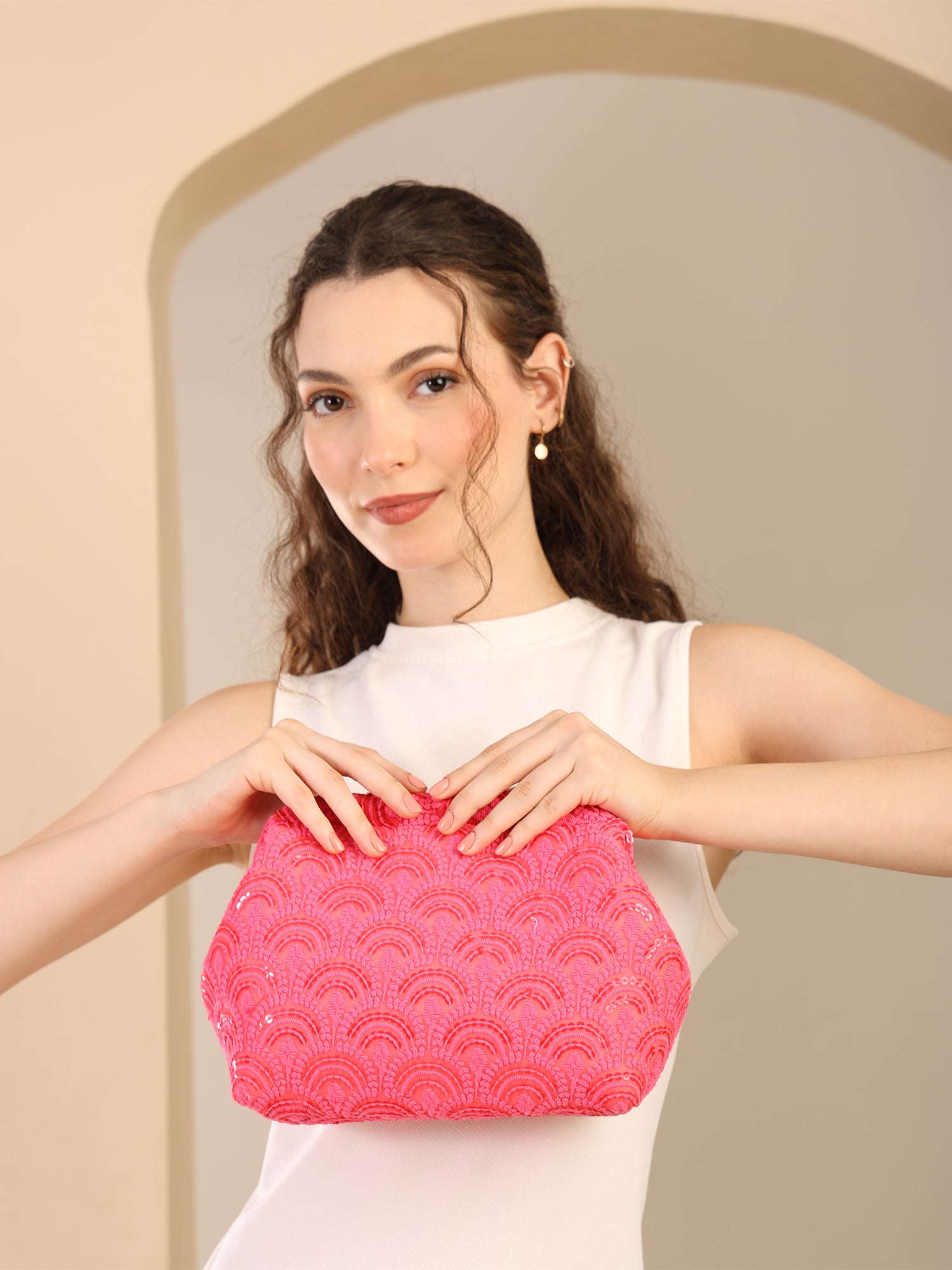 Floral Pleated Chain Clutch Bag for Women | red color Party Clutch
