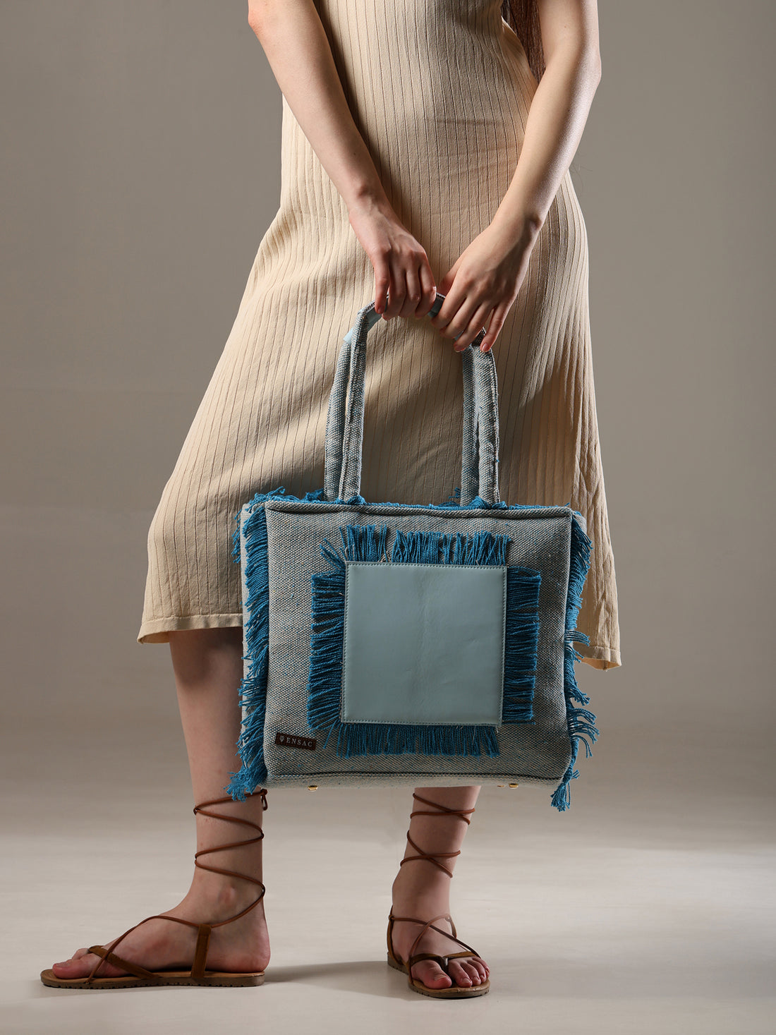 Ensac Women’s Premium Jacquard Fabric Bag | Easy to Carry & Everyday Use-TOTE-LEATHER-BLUE-SKY