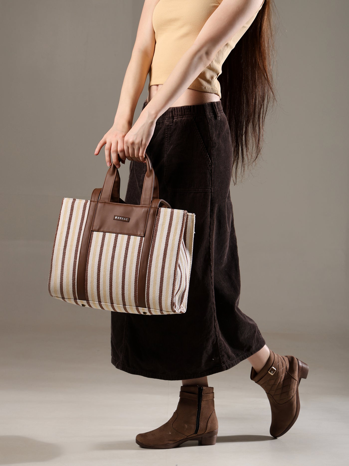 Ensac Jacquard Fabric Tote Bag | Diamond Pattern, Easy to Carry & Spacious Design TOTE-KIARA-YELLOWSTRIPES-1