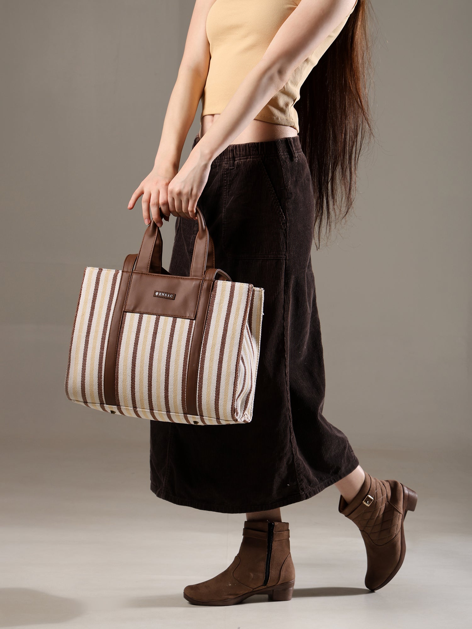 Ensac Jacquard Fabric Tote Bag | Diamond Pattern, Easy to Carry & Spacious Design TOTE-KIARA-YELLOWSTRIPES-1