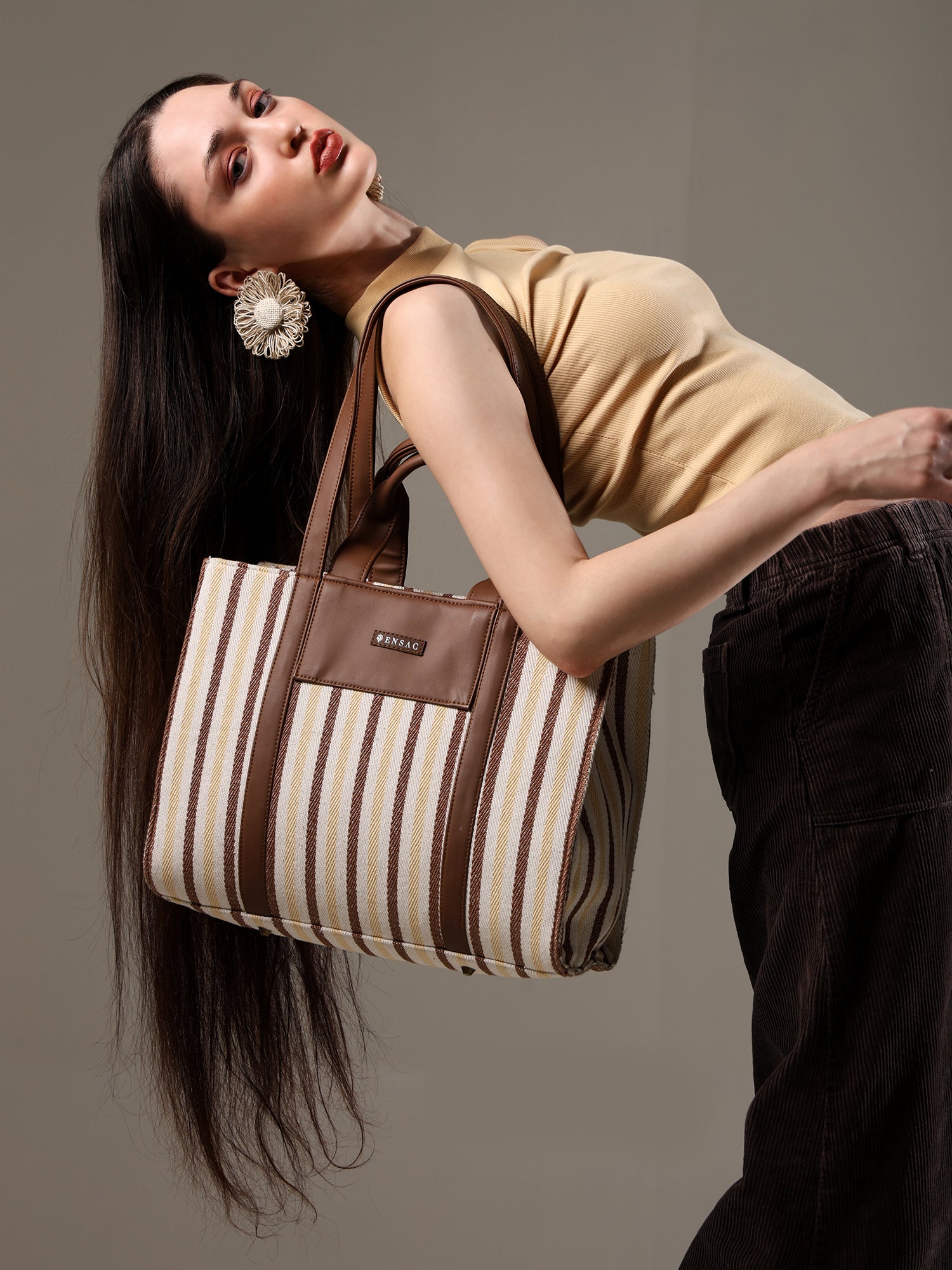 Ensac Jacquard Fabric Tote Bag | Diamond Pattern, Easy to Carry & Spacious Design TOTE-KIARA-YELLOWSTRIPES-1