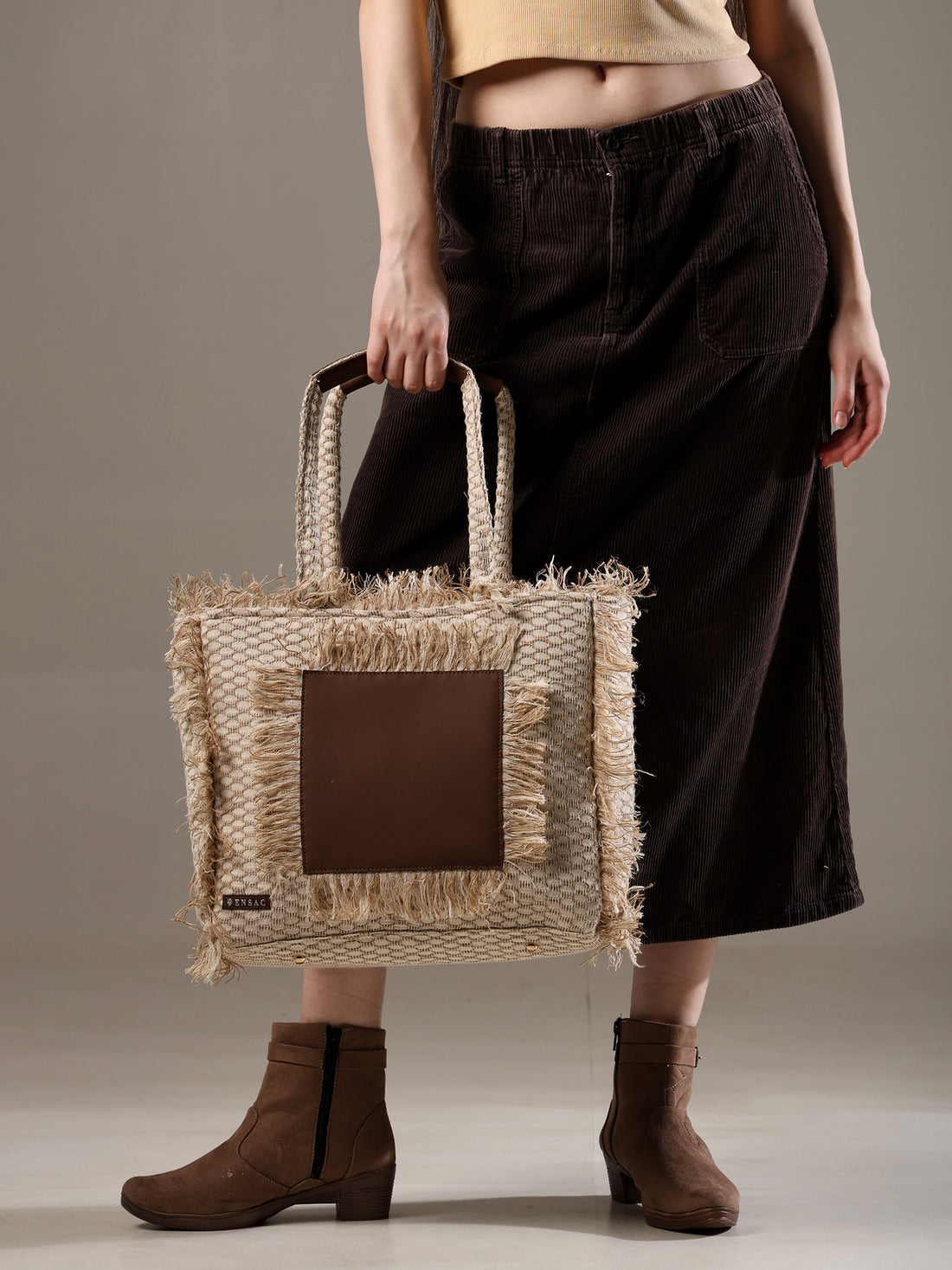 Ensac Women’s Premium Jacquard Fabric Bag | Easy to Carry & Everyday Use TOTE-LEATHER-JUTEBRN-1