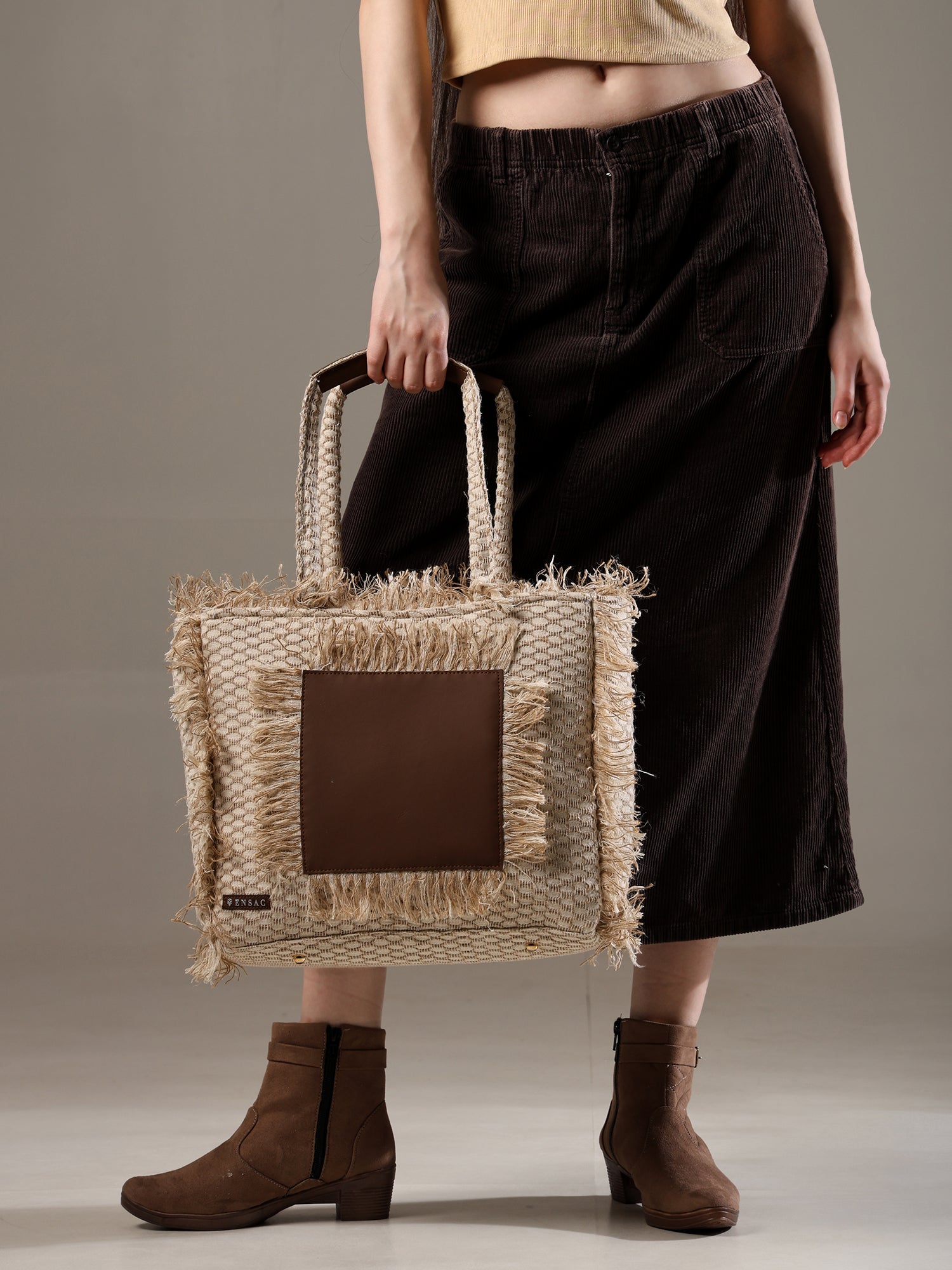 Ensac Women’s Premium Jacquard Fabric Bag | Easy to Carry & Everyday Use TOTE-LEATHER-JUTEBRN-1