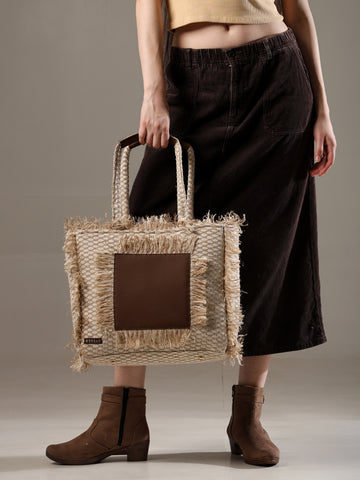 Ensac Women’s Premium Jacquard Fabric Bag | Easy to Carry & Everyday Use TOTE-LEATHER-JUTEBRN-1