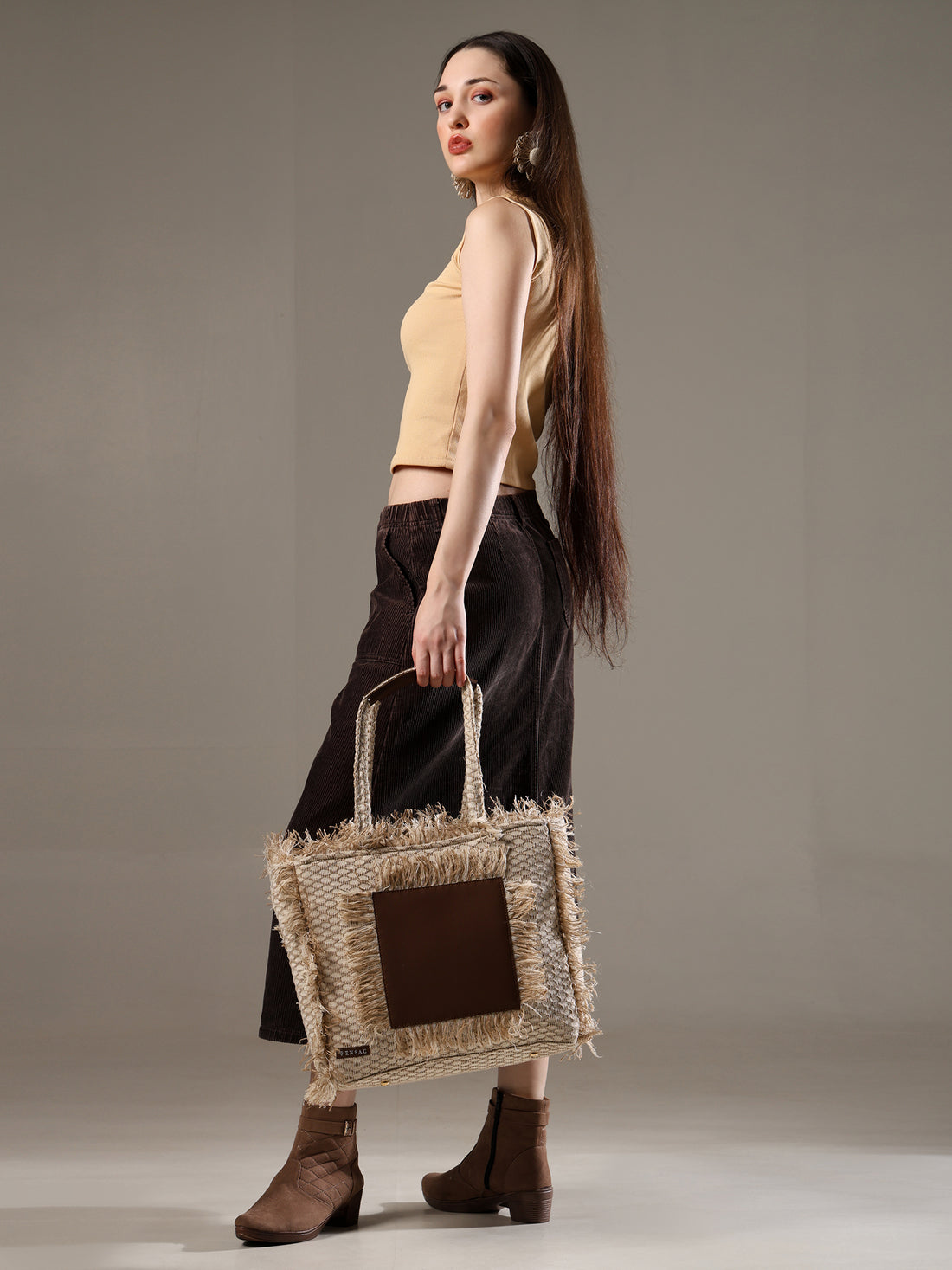 Ensac Women’s Premium Jacquard Fabric Bag | Easy to Carry & Everyday Use TOTE-LEATHER-JUTEBRN-1