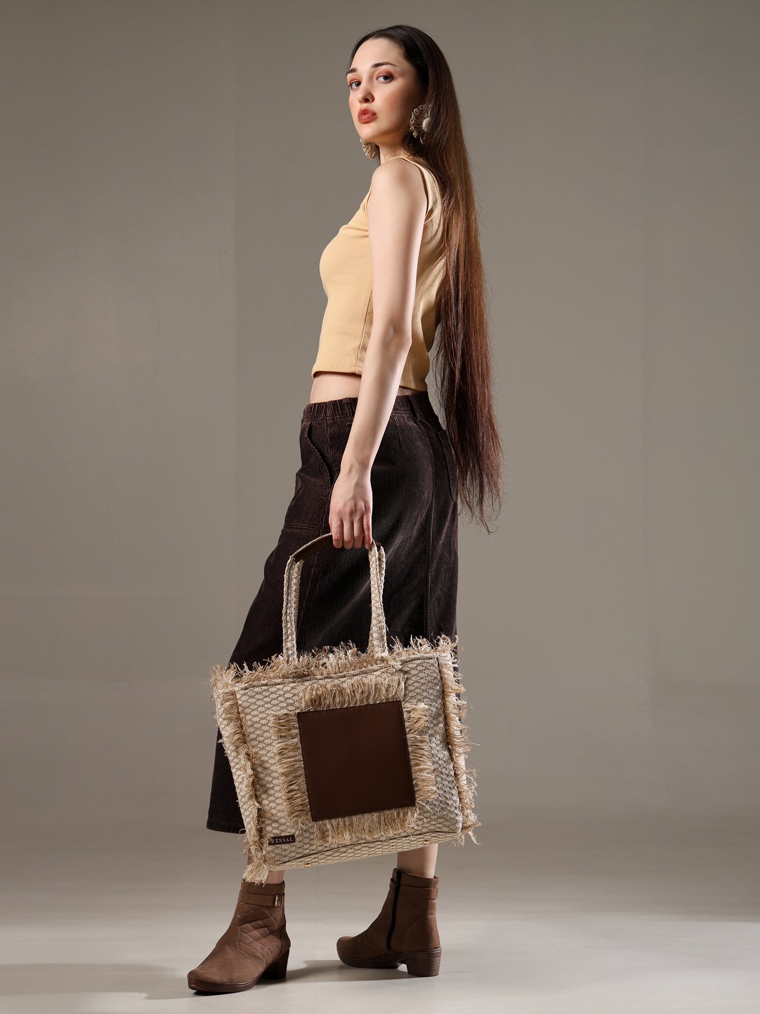 Ensac Women’s Premium Jacquard Fabric Bag | Easy to Carry & Everyday Use TOTE-LEATHER-JUTEBRN-1