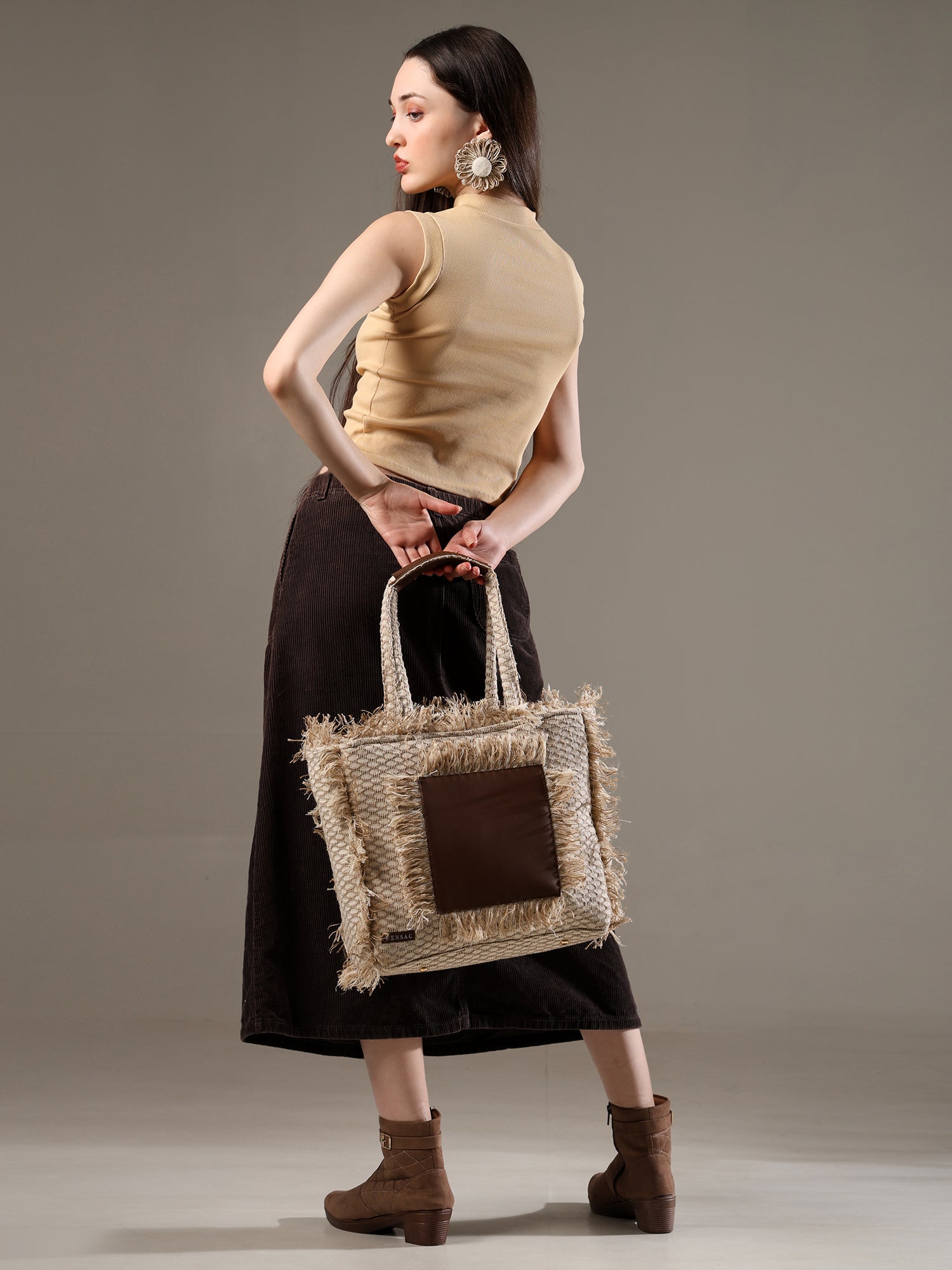 Ensac Women’s Premium Jacquard Fabric Bag | Easy to Carry & Everyday Use TOTE-LEATHER-JUTEBRN-1