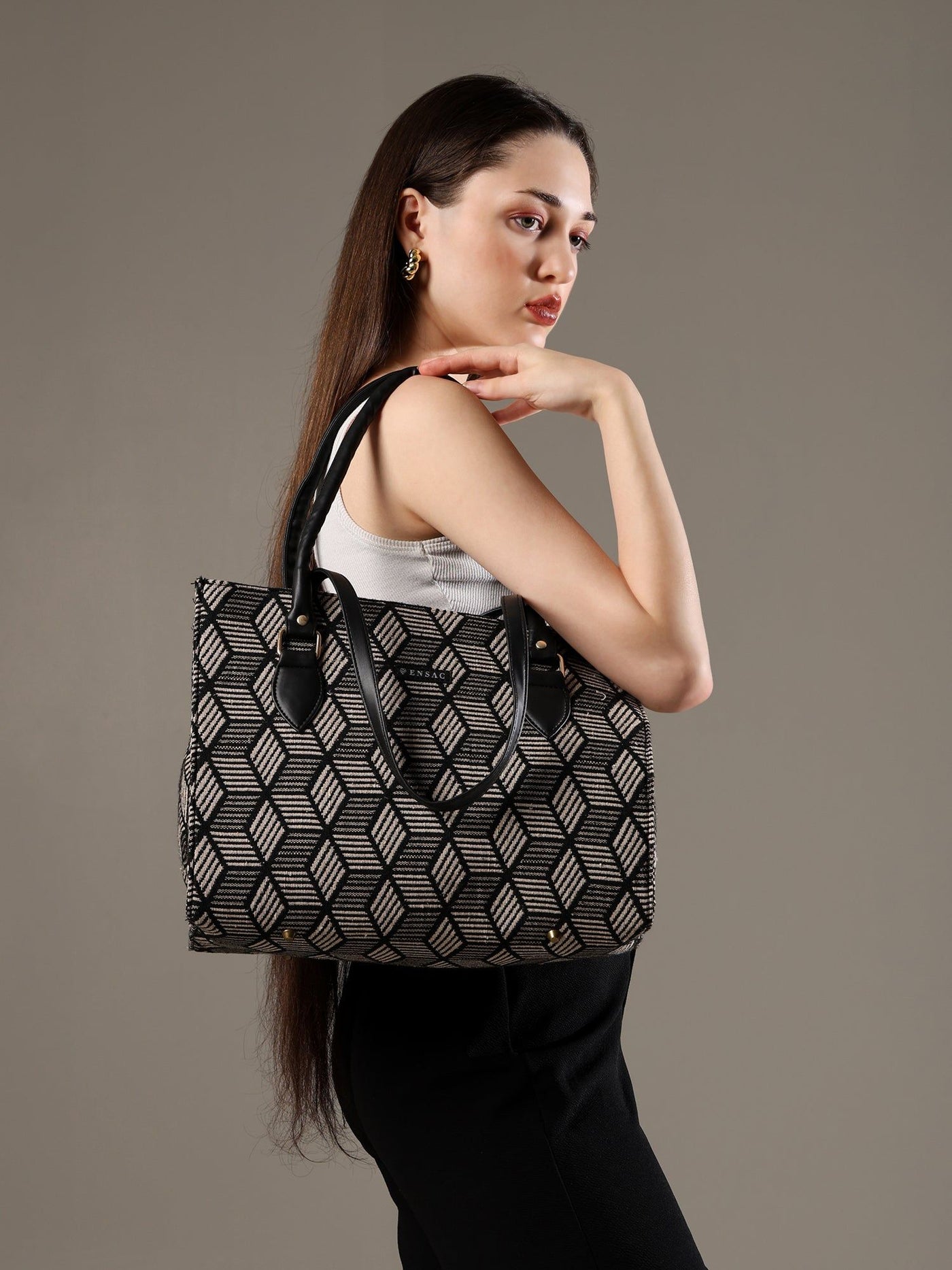 Ensac Women’s Premium Jacquard Fabric Bag | Easy to Carry & Everyday Use TOTE-KIARA-BLACK-DIAMOND