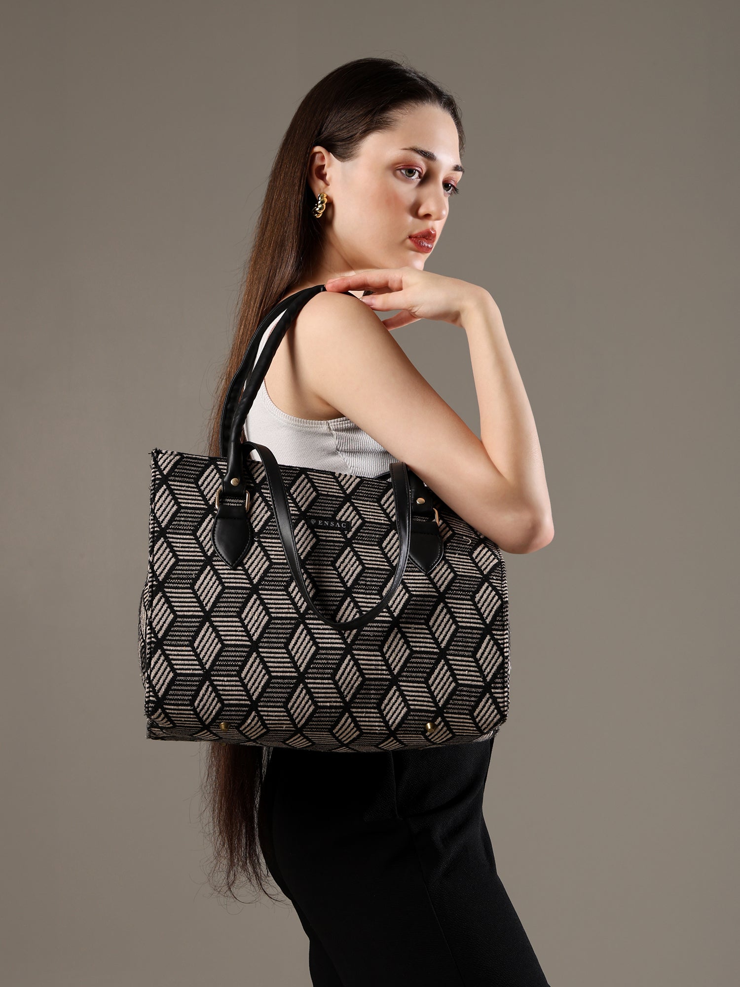 Ensac Women’s Premium Jacquard Fabric Bag | Easy to Carry & Everyday Use TOTE-KIARA-BLACK-DIAMOND
