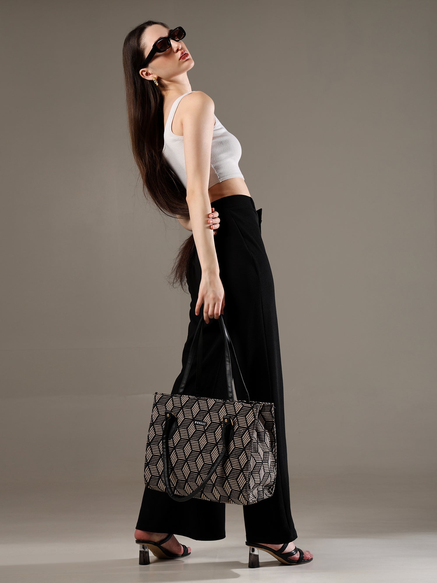 Ensac Women’s Premium Jacquard Fabric Bag | Easy to Carry & Everyday Use TOTE-KIARA-BLACK-DIAMOND
