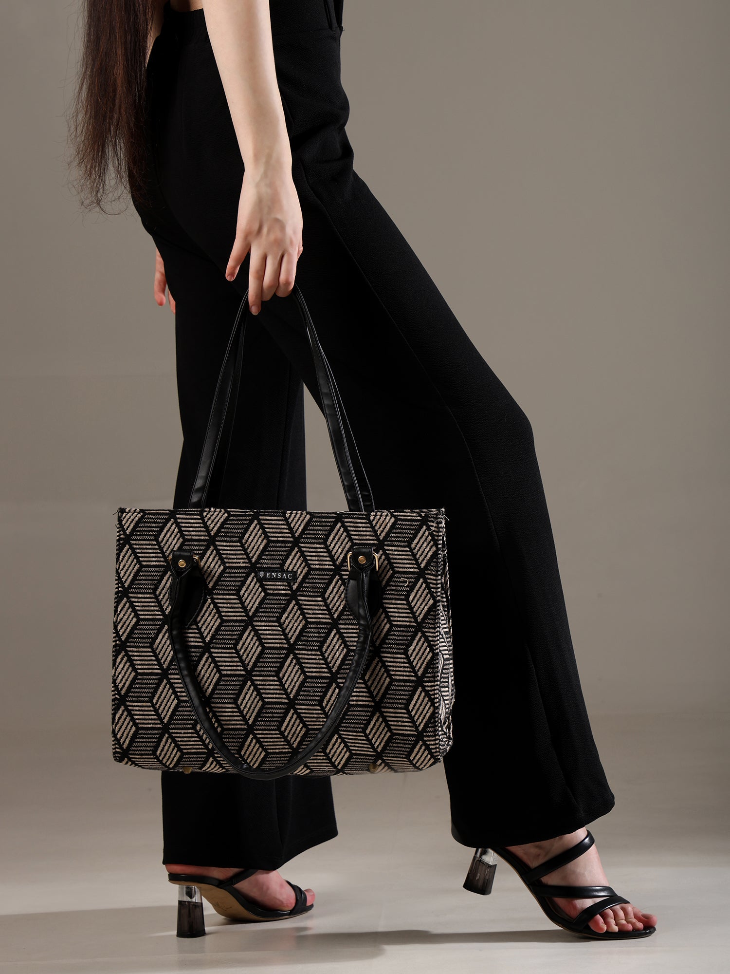 Ensac Women’s Premium Jacquard Fabric Bag | Easy to Carry & Everyday Use TOTE-KIARA-BLACK-DIAMOND