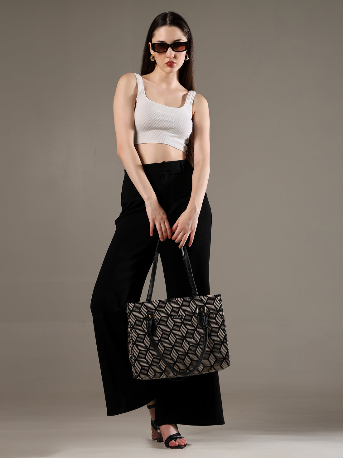 Ensac Women’s Premium Jacquard Fabric Bag | Easy to Carry & Everyday Use TOTE-KIARA-BLACK-DIAMOND