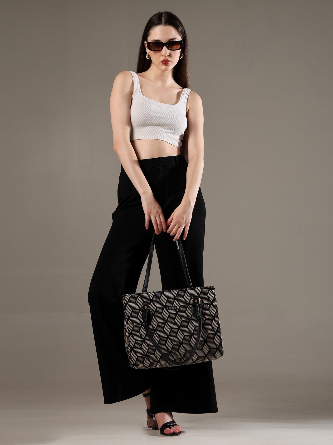 Ensac Women’s Premium Jacquard Fabric Bag | Easy to Carry & Everyday Use TOTE-KIARA-BLACK-DIAMOND