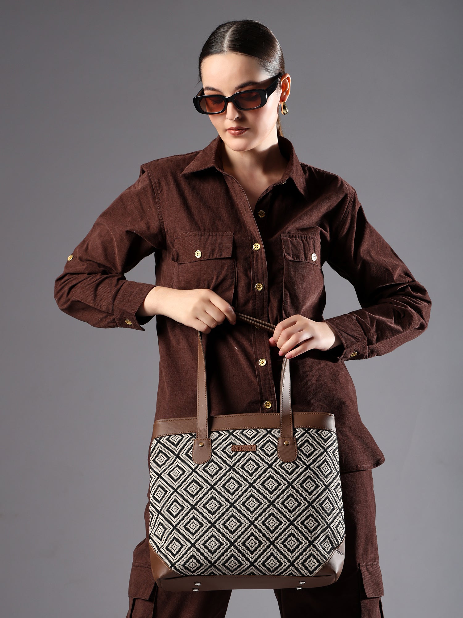Ensac’s Tote-Square Jacquard Tote bag for Women/Girls TOTE-BLACK-SQUARE-1