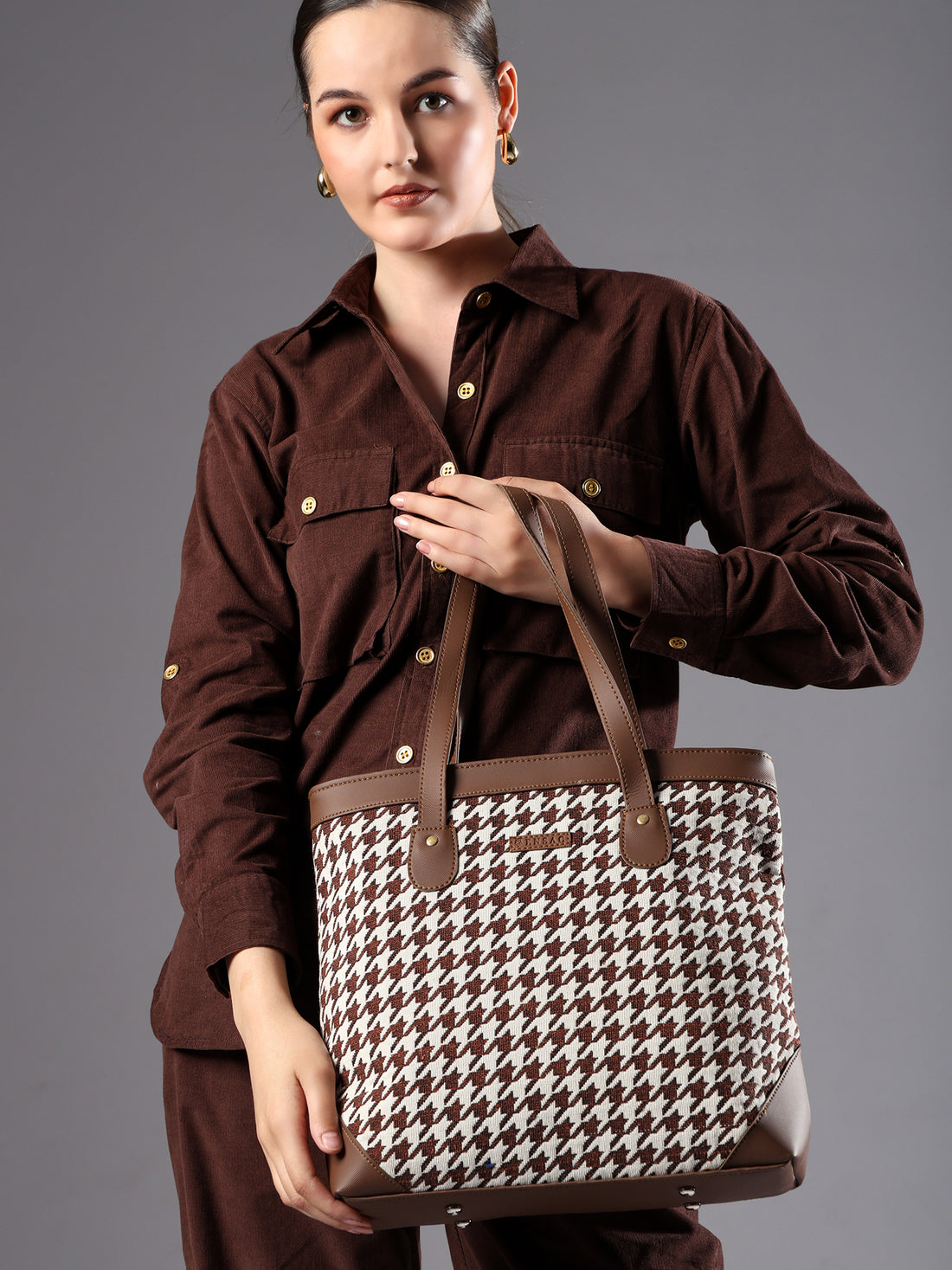 Ensac Jacquard Fabric Tote Bag | Diamond Pattern, Easy to Carry & Spacious Design TOTE-HOUNDSTOOTH-BROWN-1