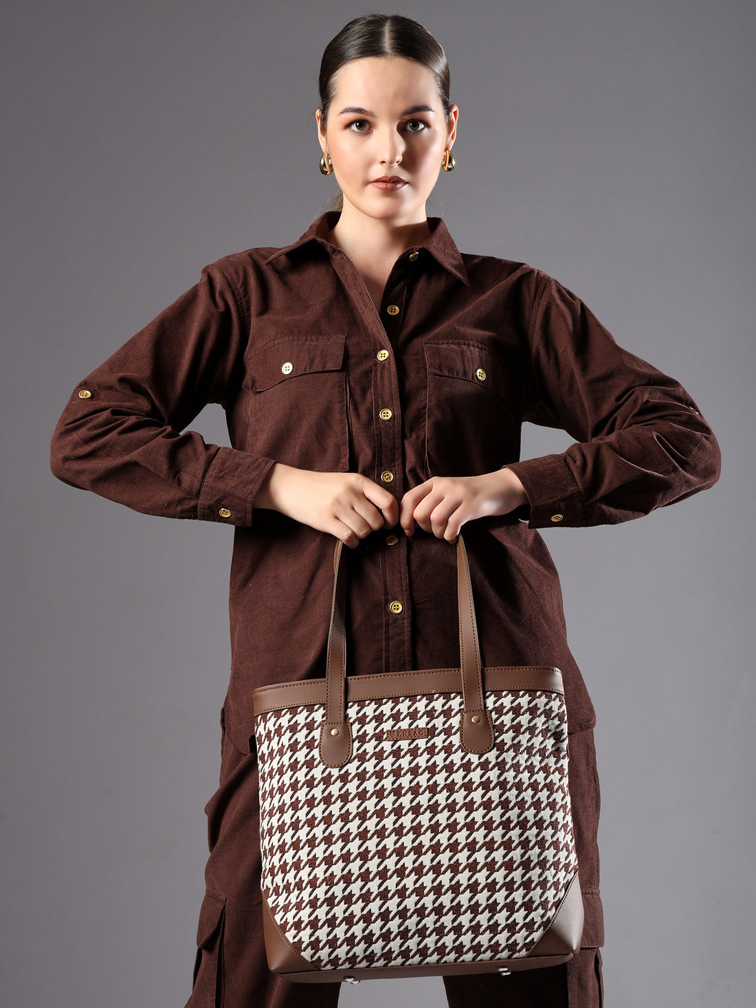 Ensac Jacquard Fabric Tote Bag | Diamond Pattern, Easy to Carry & Spacious Design TOTE-HOUNDSTOOTH-BROWN-1