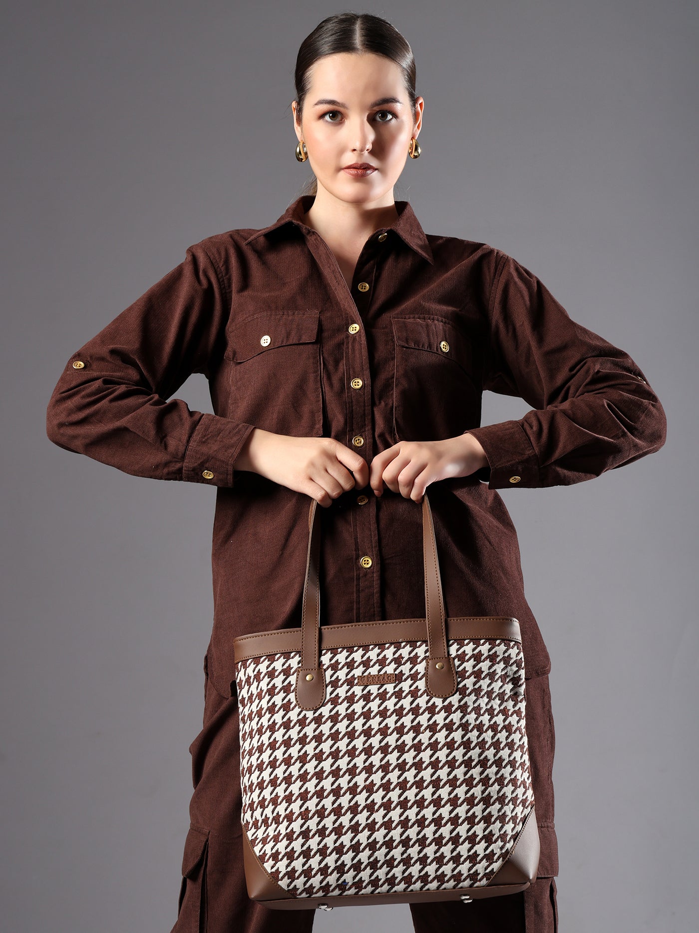 Ensac Jacquard Fabric Tote Bag | Diamond Pattern, Easy to Carry & Spacious Design TOTE-HOUNDSTOOTH-BROWN-1