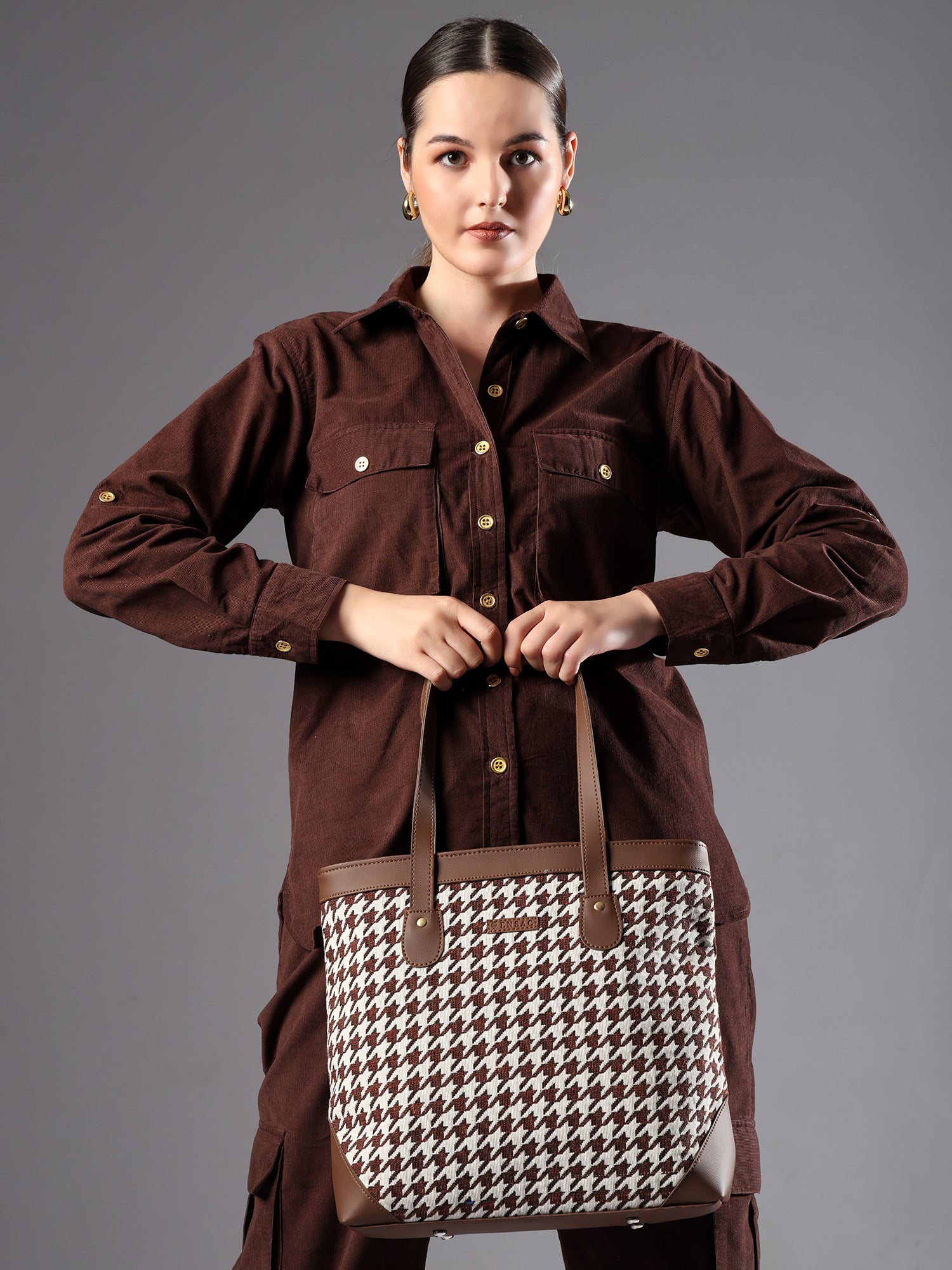 Ensac Jacquard Fabric Tote Bag | Diamond Pattern, Easy to Carry & Spacious Design TOTE-HOUNDSTOOTH-BROWN-1