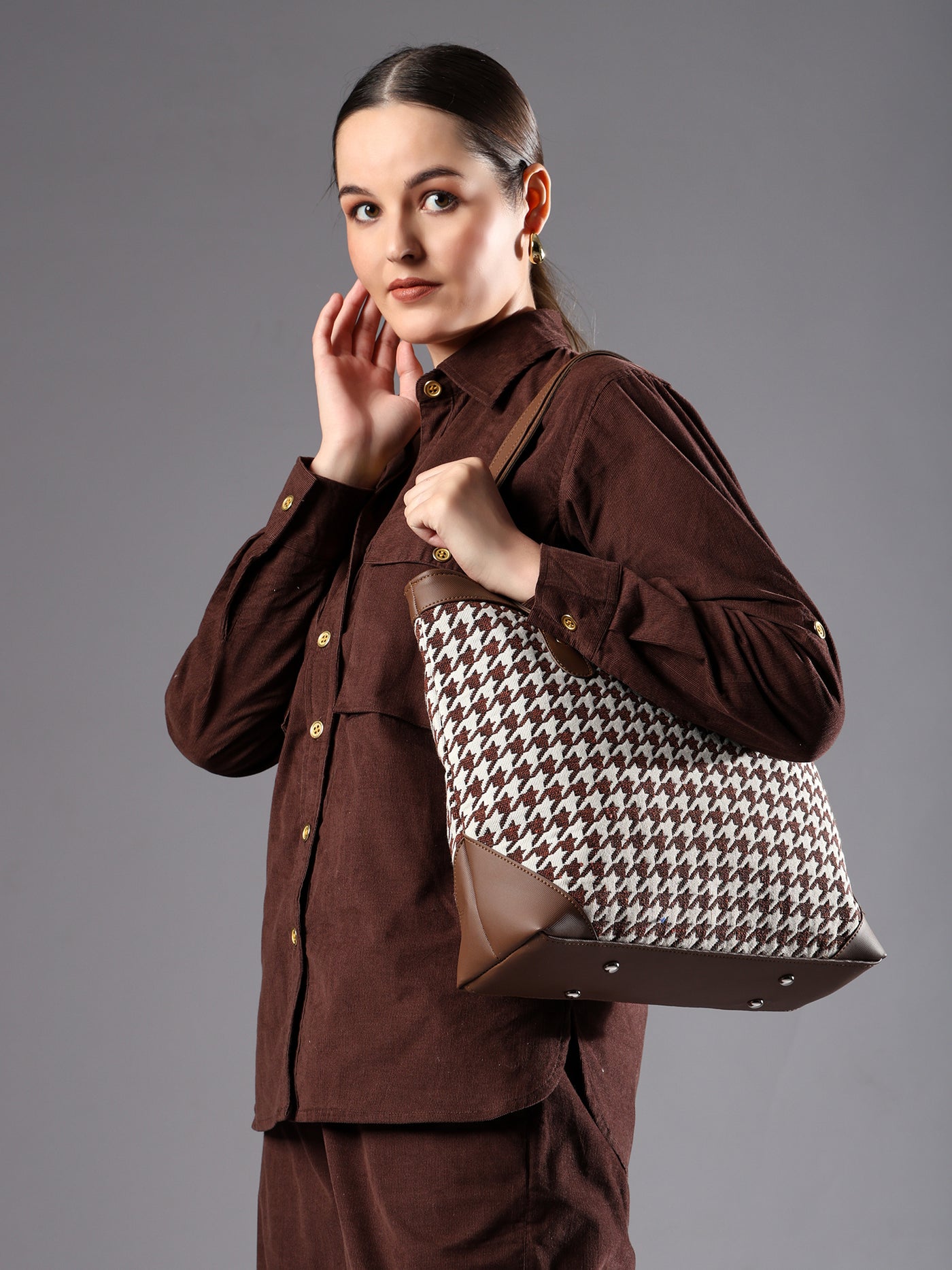 Ensac Jacquard Fabric Tote Bag | Diamond Pattern, Easy to Carry & Spacious Design TOTE-HOUNDSTOOTH-BROWN-1