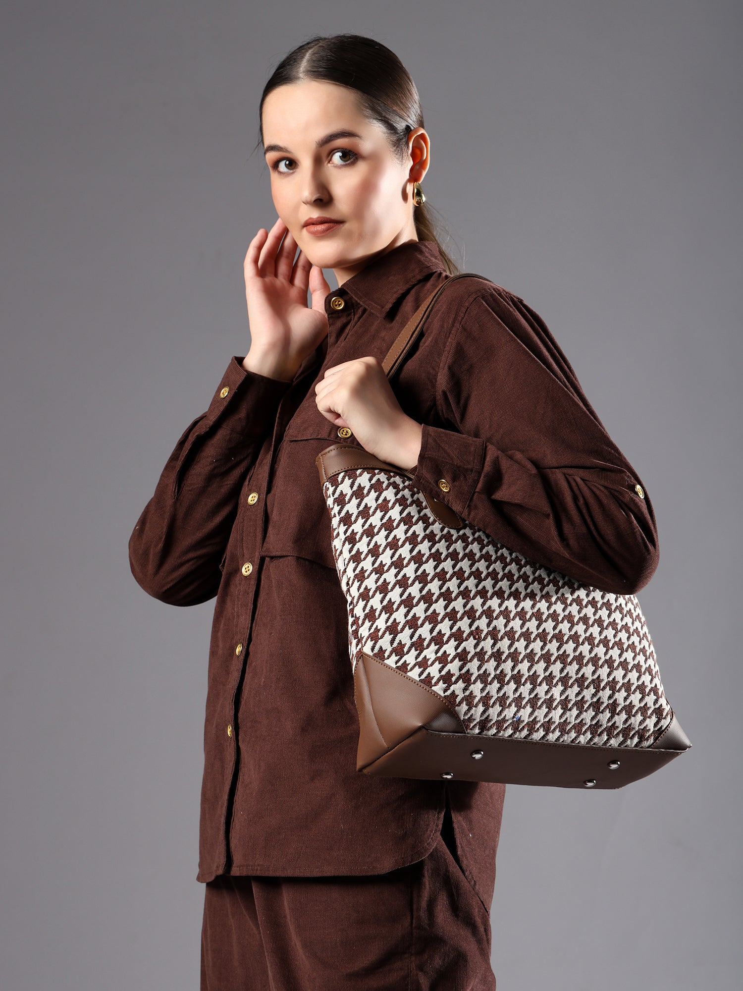 Ensac Jacquard Fabric Tote Bag | Diamond Pattern, Easy to Carry & Spacious Design TOTE-HOUNDSTOOTH-BROWN-1