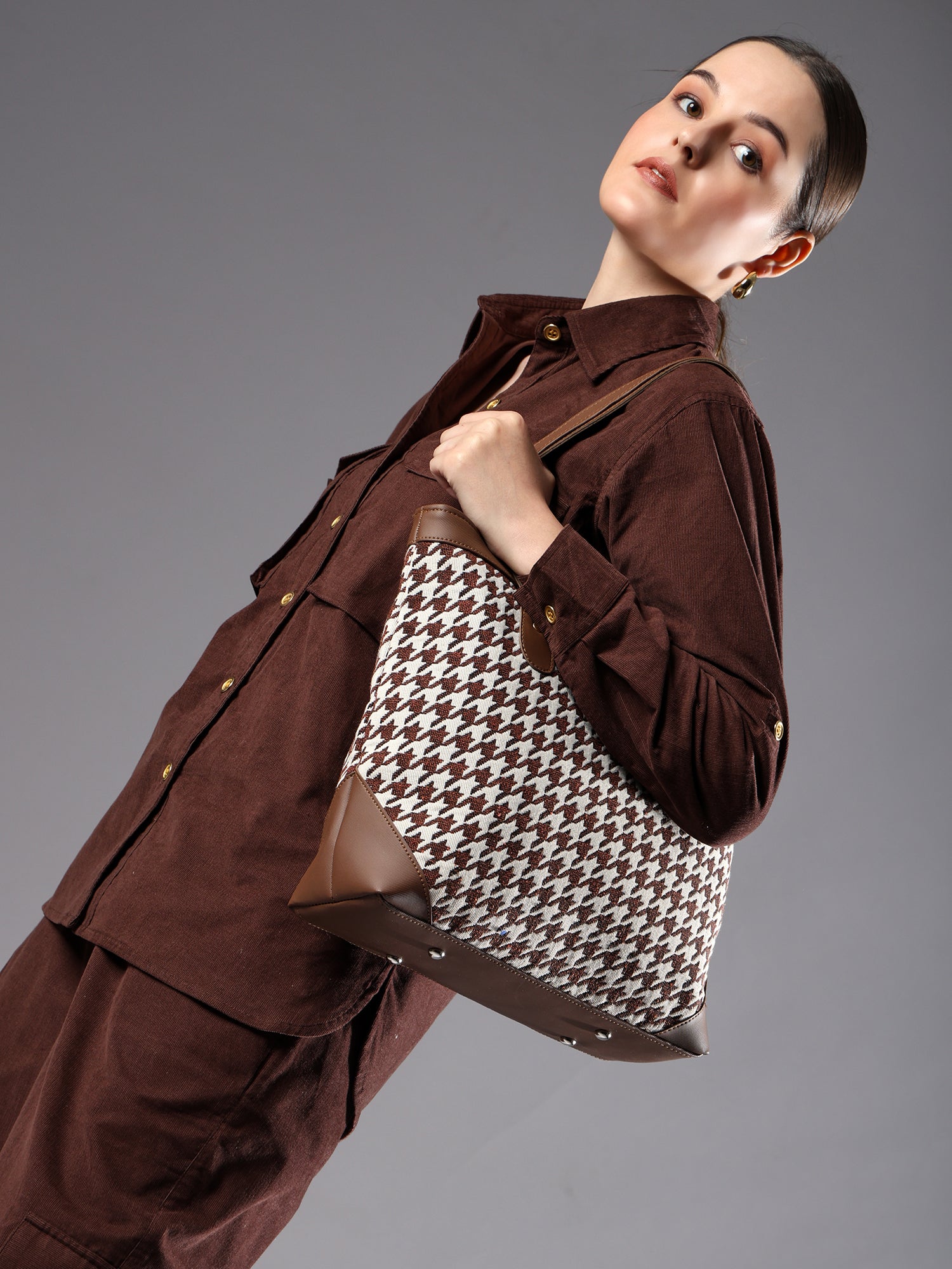 Ensac Jacquard Fabric Tote Bag | Diamond Pattern, Easy to Carry & Spacious Design TOTE-HOUNDSTOOTH-BROWN-1