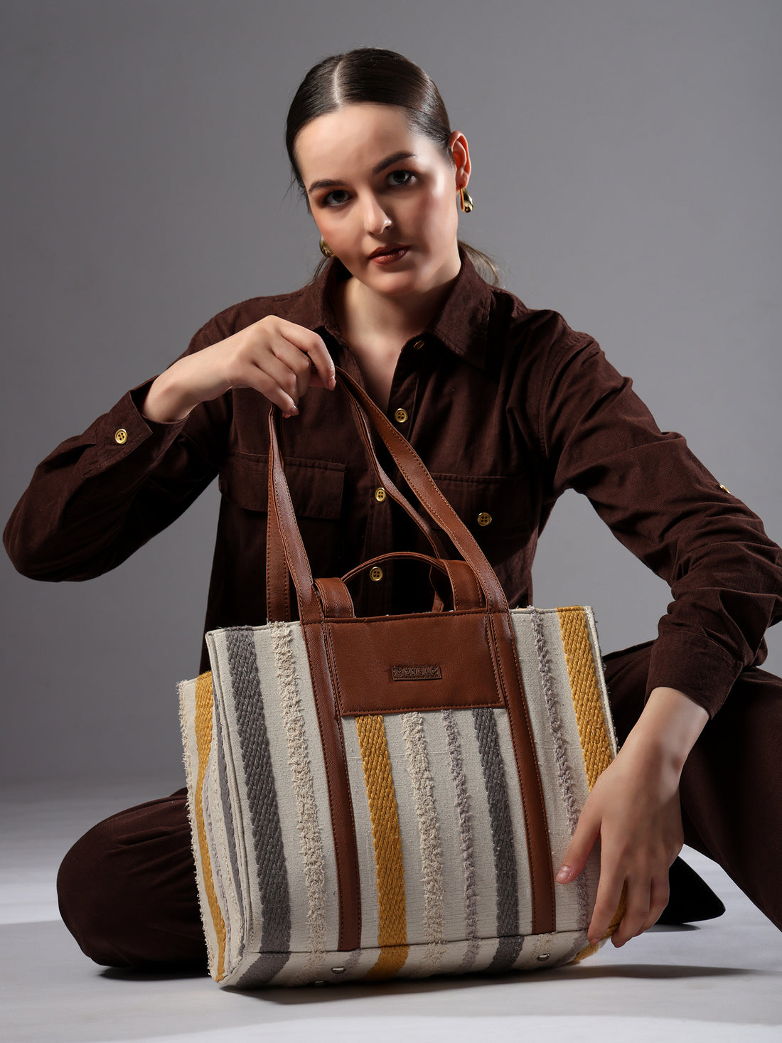 Ensac Elegant Jacquard Fabric Tote Bag for Women | Elegant Ethnic Style, Spacious & Lightweight TOTE-COMFORT-GREYYLW-1