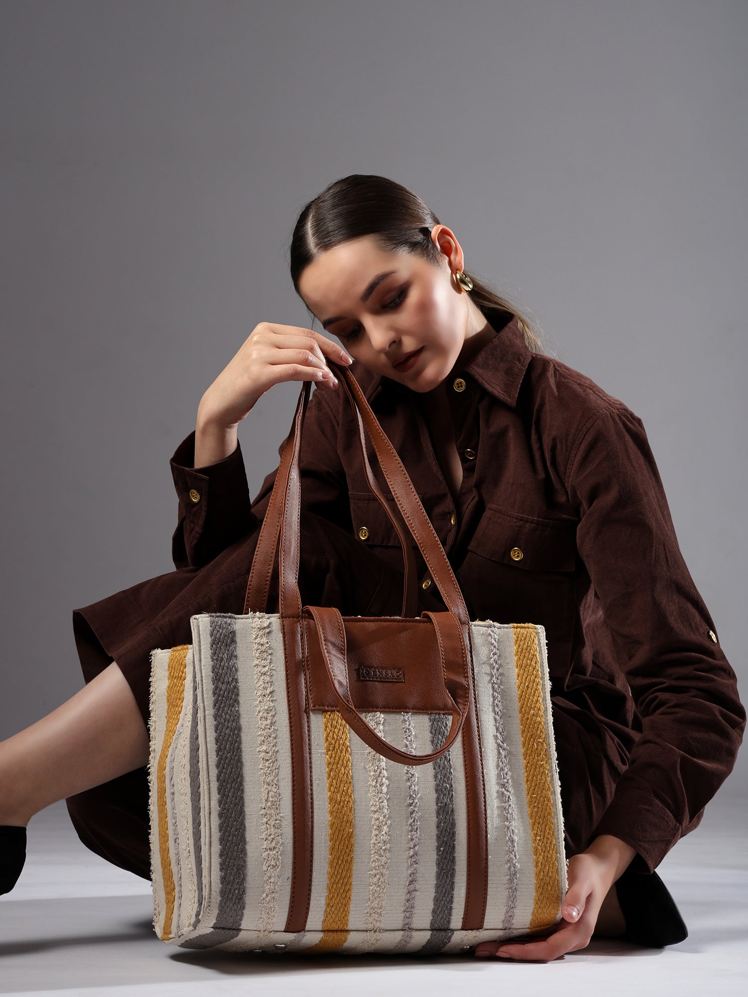 Ensac Elegant Jacquard Fabric Tote Bag for Women | Elegant Ethnic Style, Spacious & Lightweight TOTE-COMFORT-GREYYLW-1