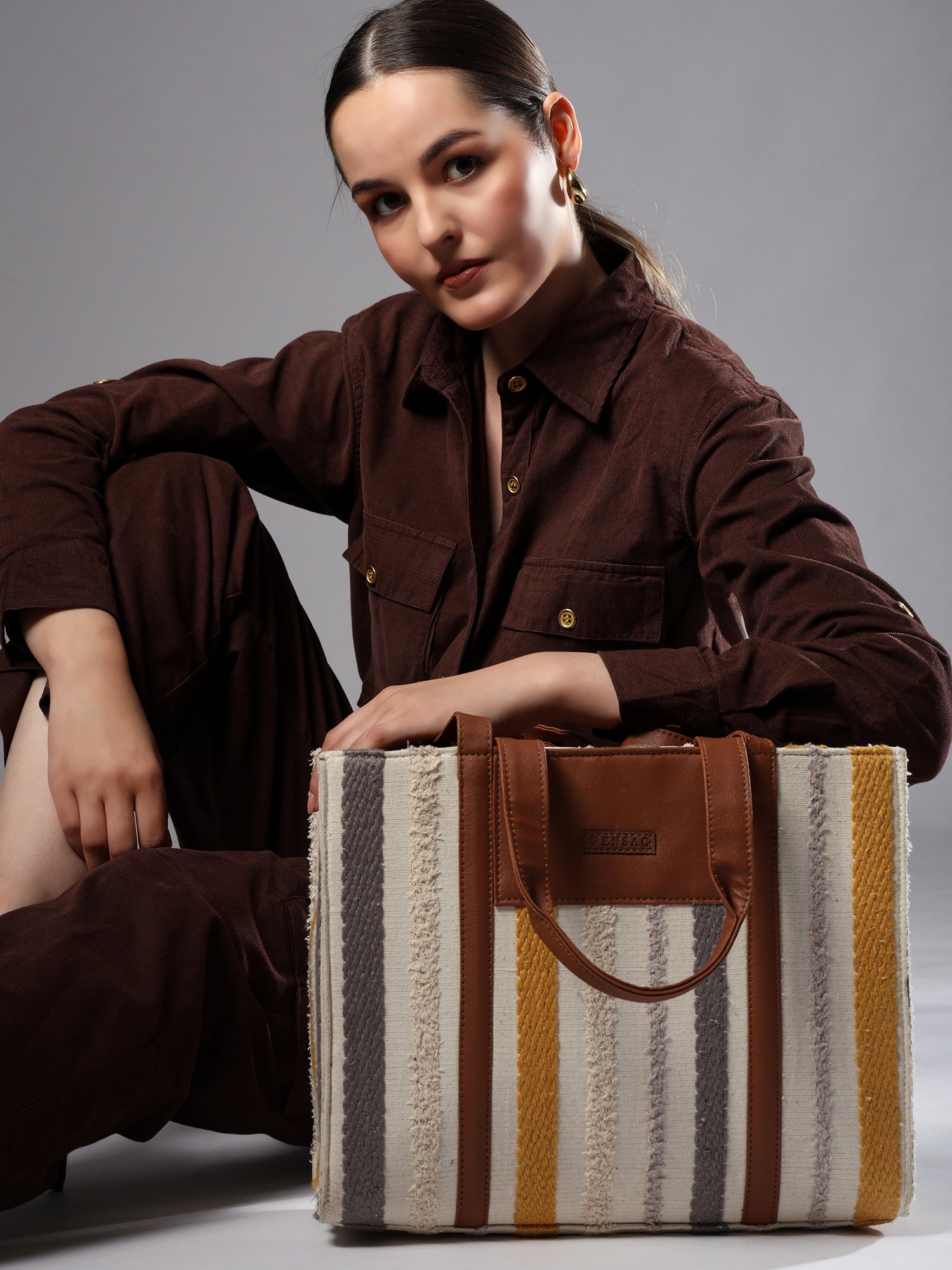 Ensac Elegant Jacquard Fabric Tote Bag for Women | Elegant Ethnic Style, Spacious & Lightweight TOTE-COMFORT-GREYYLW-1