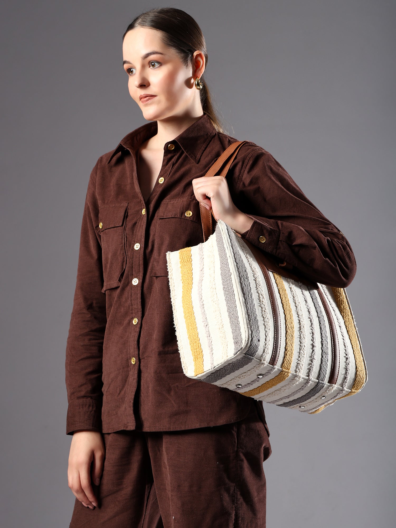 Ensac Elegant Jacquard Fabric Tote Bag for Women | Elegant Ethnic Style, Spacious & Lightweight TOTE-COMFORT-GREYYLW-1