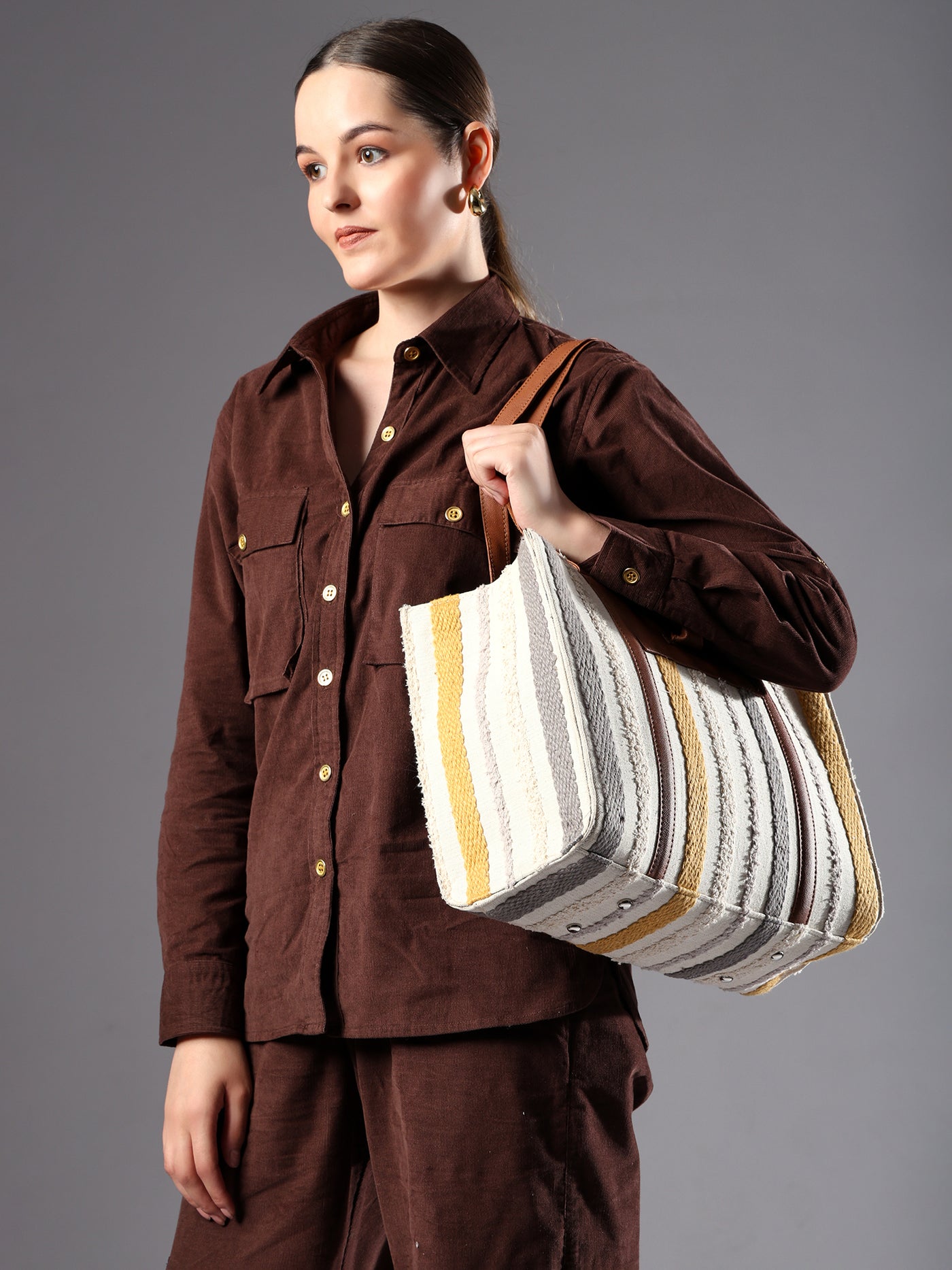 Ensac Elegant Jacquard Fabric Tote Bag for Women | Elegant Ethnic Style, Spacious & Lightweight TOTE-COMFORT-GREYYLW-1