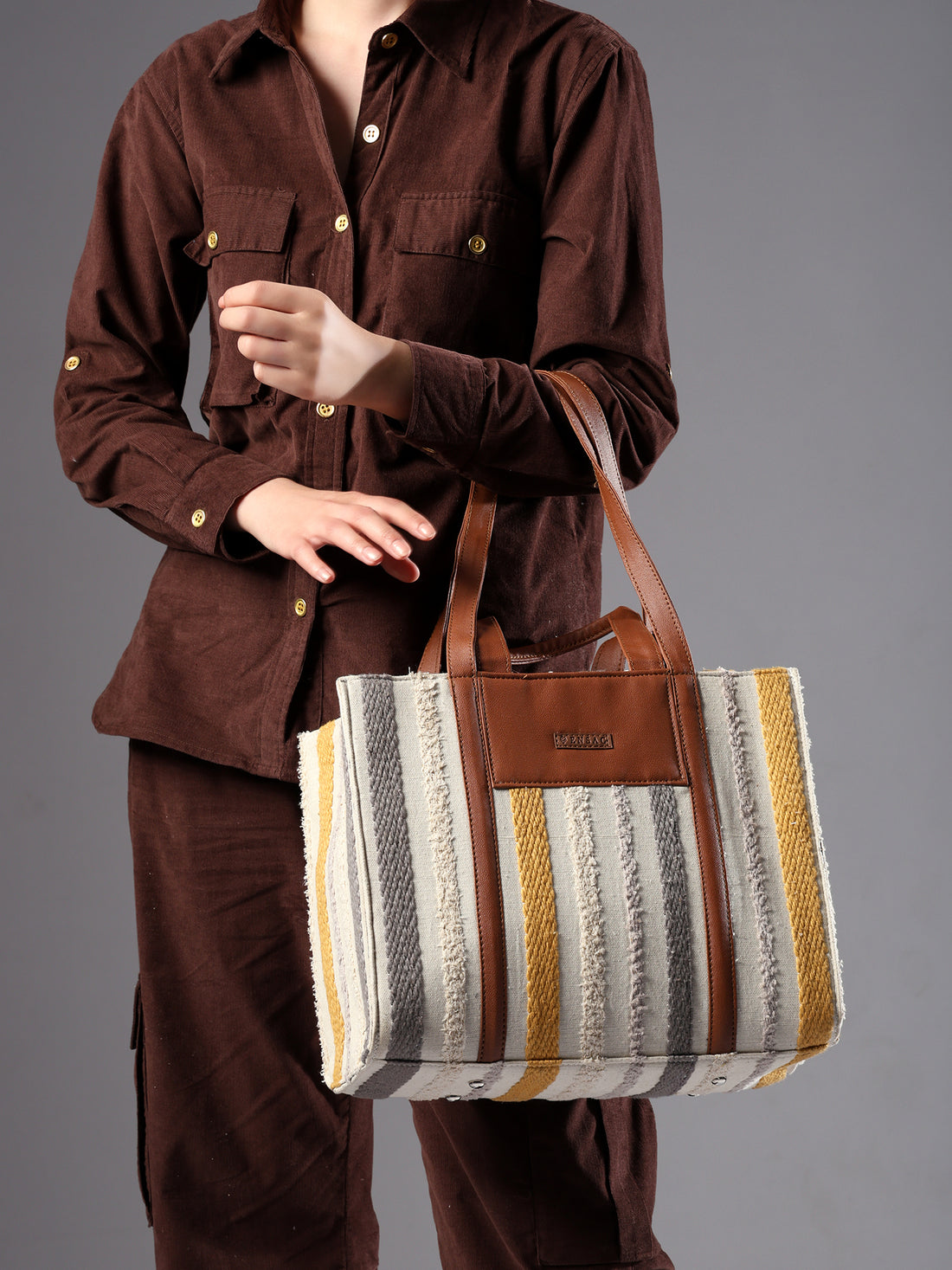 Ensac Elegant Jacquard Fabric Tote Bag for Women | Elegant Ethnic Style, Spacious & Lightweight TOTE-COMFORT-GREYYLW-1