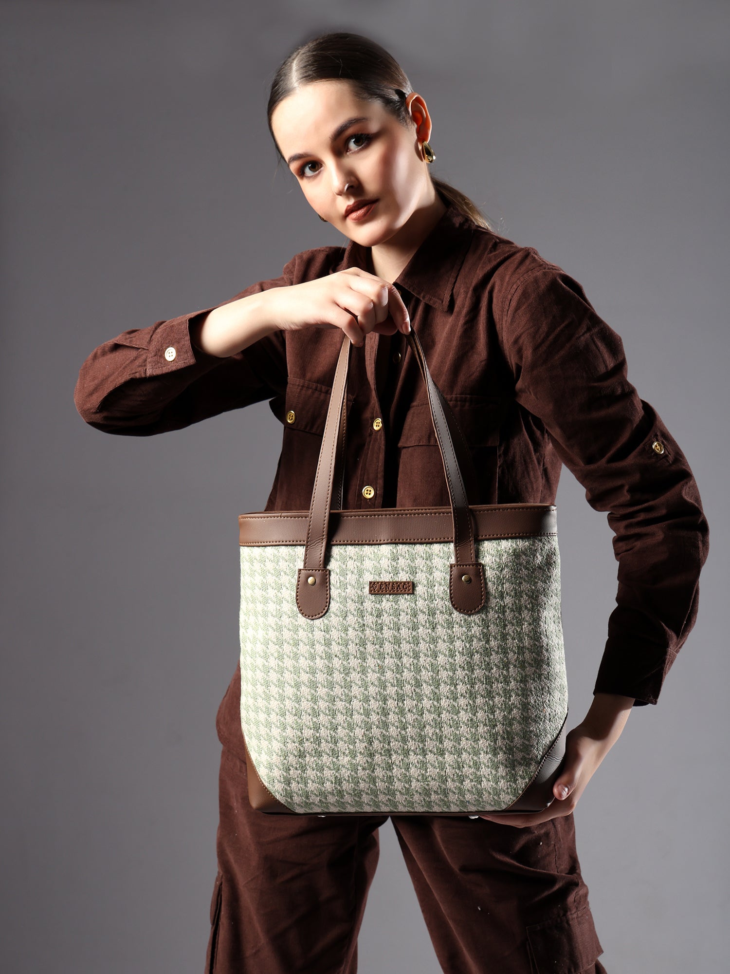 Ensac Jacquard Fabric Tote Bag | Diamond Pattern, Easy to Carry & Spacious Design TOTE-HOUNDSTOOTH-BROWN-1