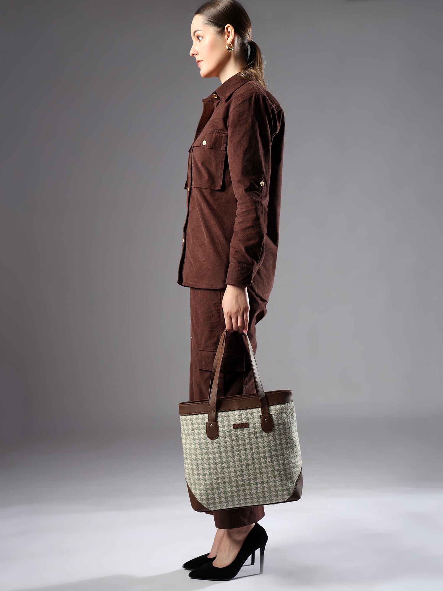 Ensac Jacquard Fabric Tote Bag | Diamond Pattern, Easy to Carry & Spacious Design TOTE-HOUNDSTOOTH-BROWN-1